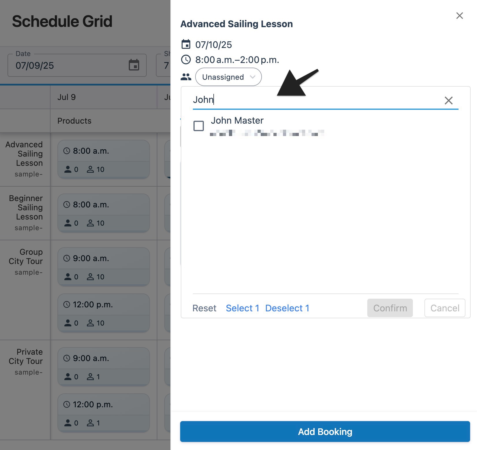 Schedule grid session drawer with annotation highlighting the search field and its displayed results.