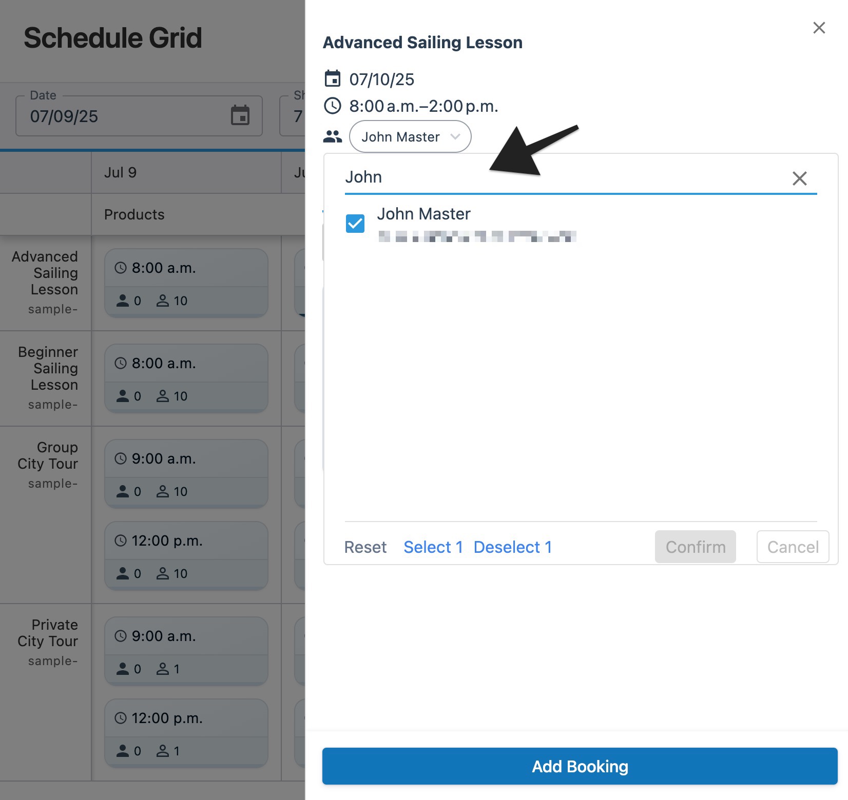 Schedule grid session drawer with annotation highlighting the search field and its displayed results.