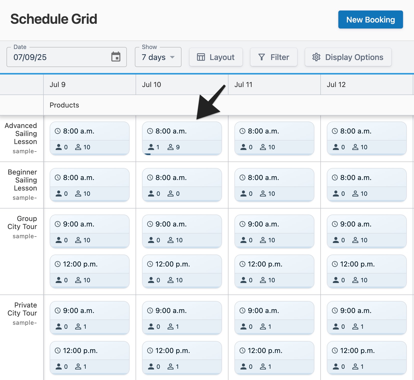 Schedule grid page with annotation highlighting choosing a session tile with active bookings.