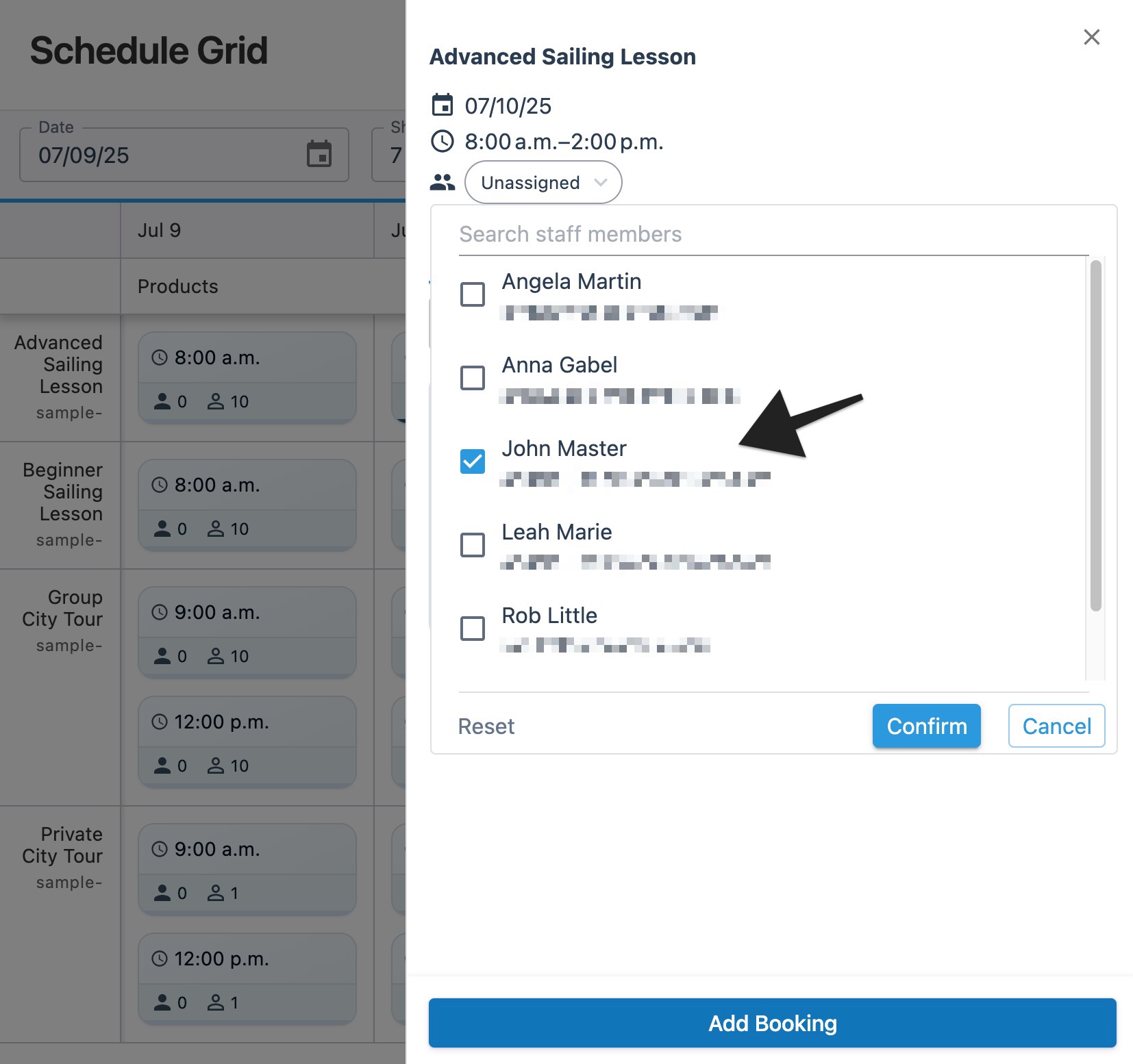 Schedule grid session drawer with annotation highlighting the selection of a staff account entry.