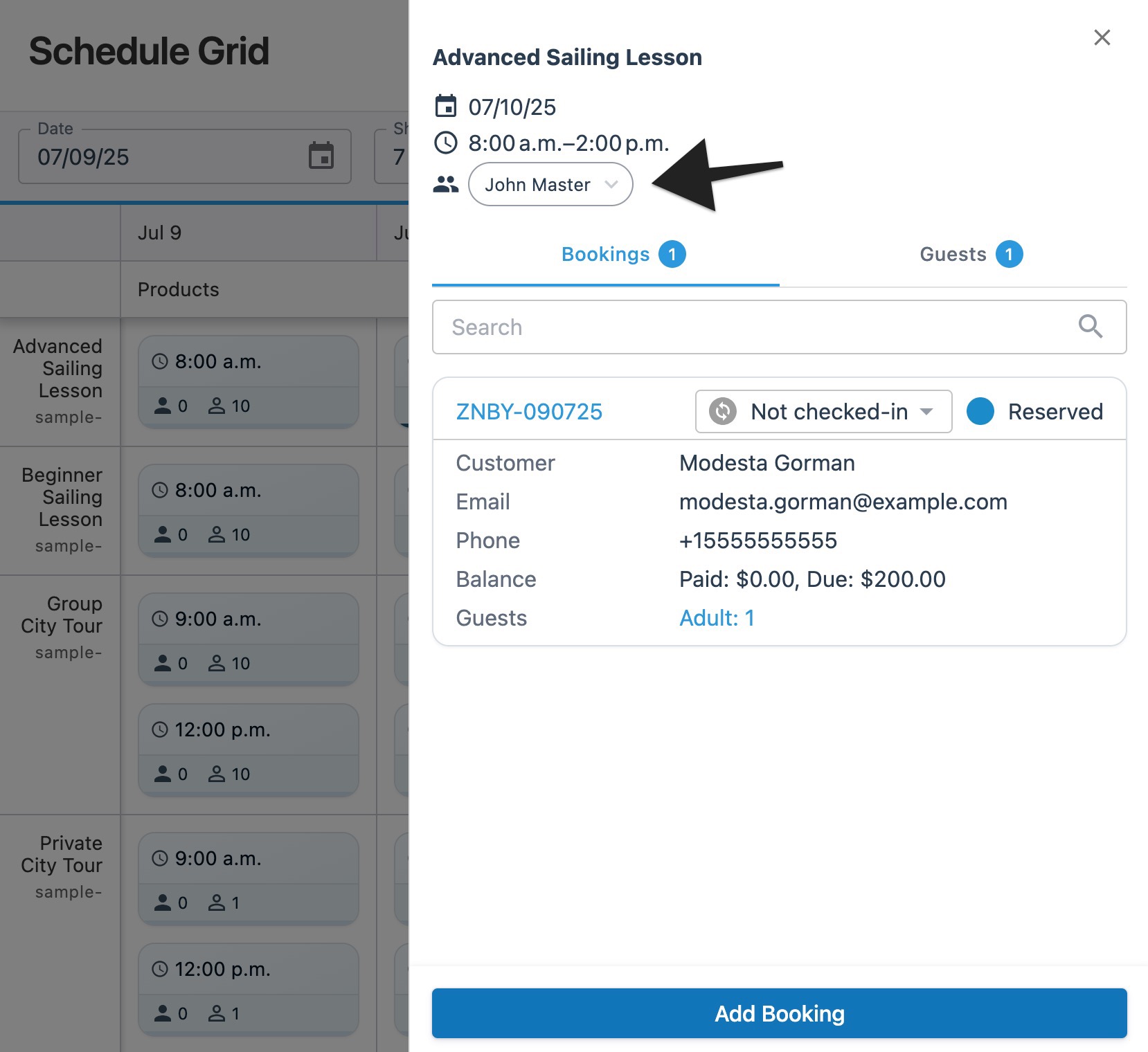 Schedule grid session drawer with an annotation highlighting the staff assignment menu displaying results.