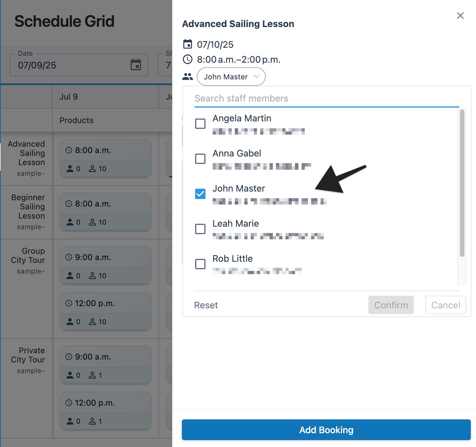 Schedule grid session drawer with annotation highlighting the deselection of a staff account entry.