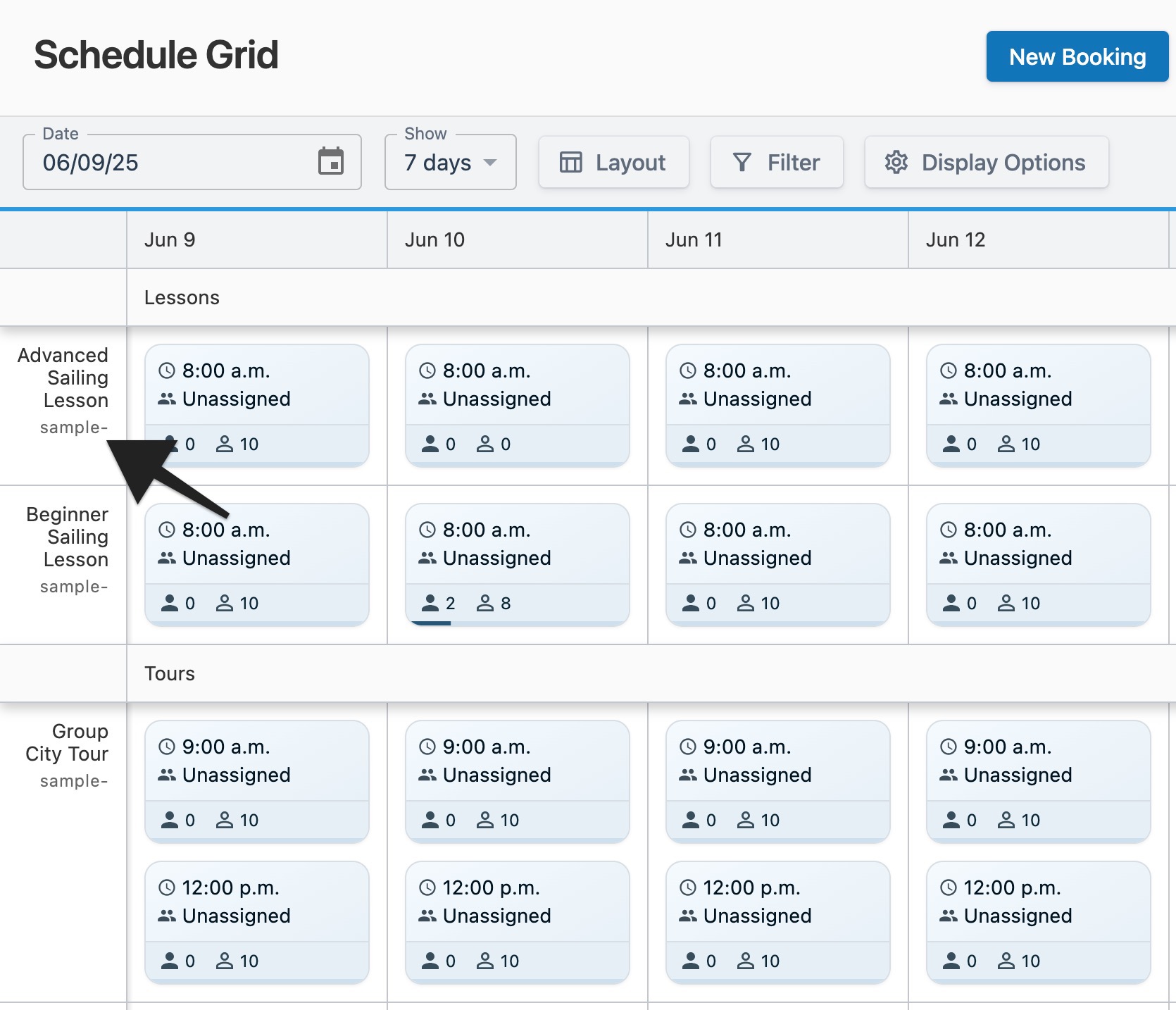 Schedule grid page with an arrow pointing to a product’s SKU label.