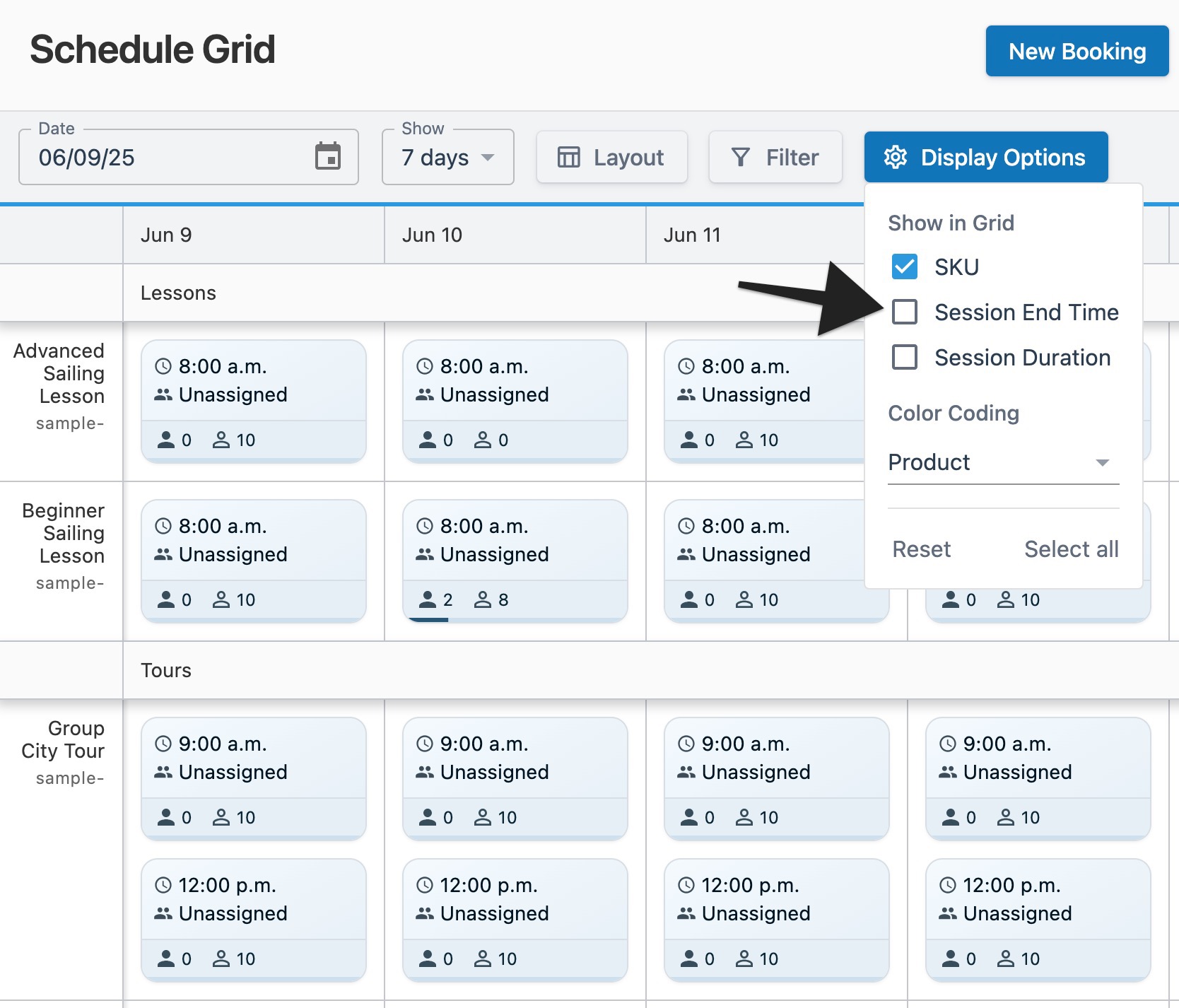 Schedule grid page with an arrow pointing to the ‘Session End Time’ option in the open ‘Display Options’ menu to indicate selection.