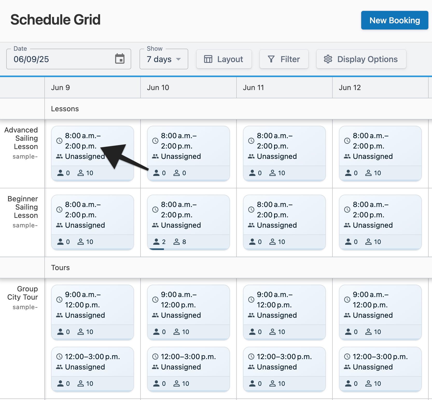 Schedule grid page with an arrow pointing to a product’s end time.