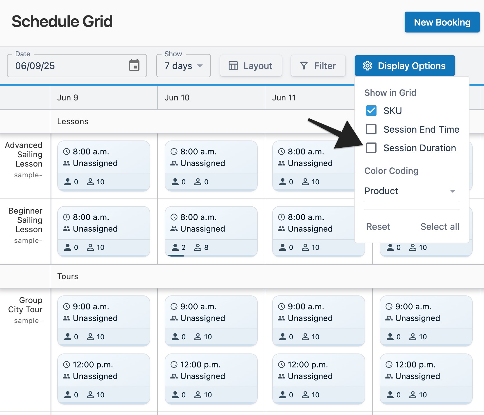 Schedule grid page with an arrow pointing to the ‘Session Duration’ option in the open ‘Display Options’ menu to indicate selection.