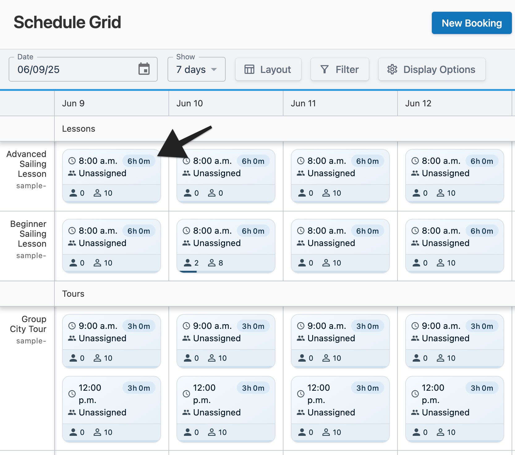Schedule grid page with an arrow pointing to a product’s time duration value.