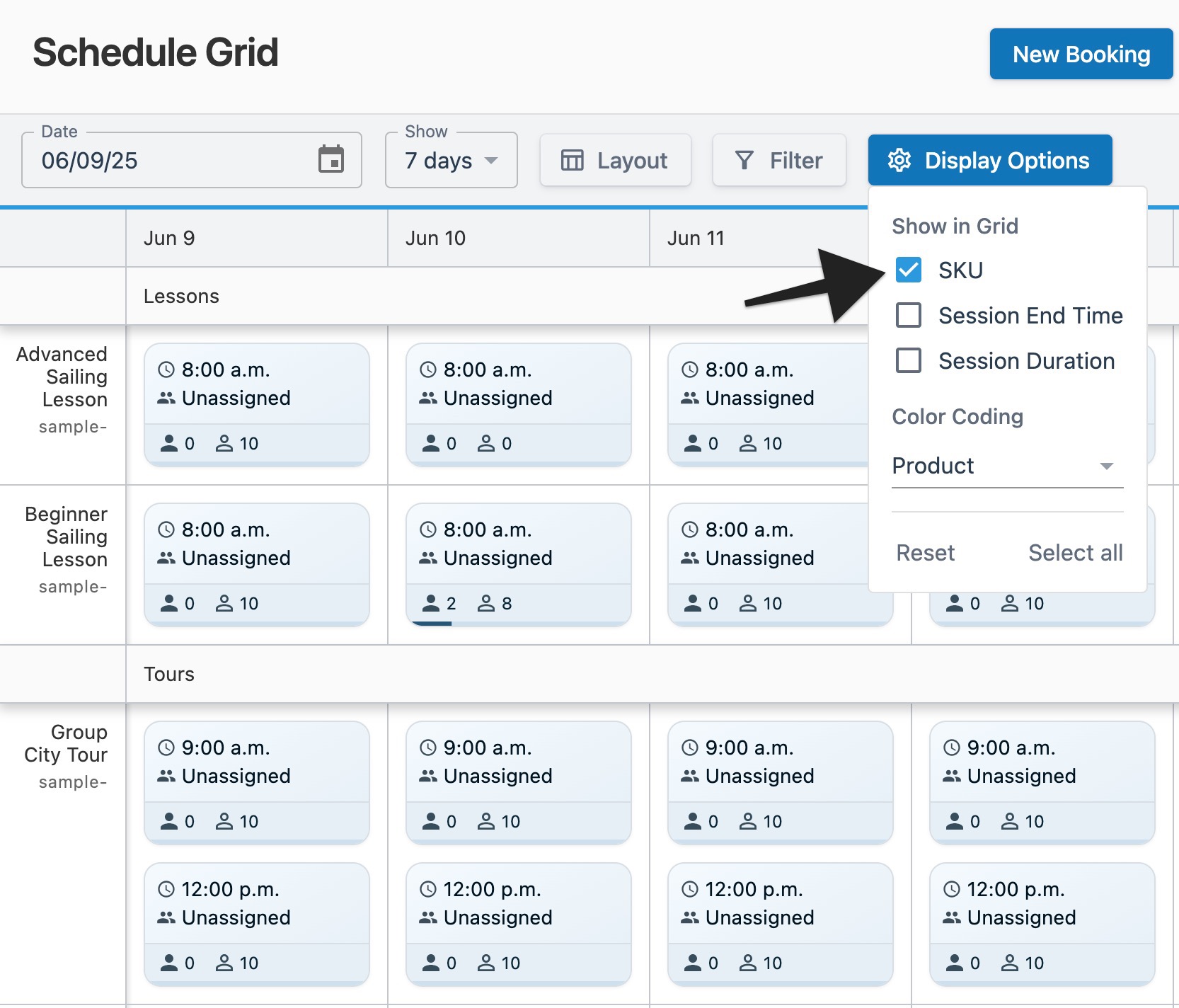 Schedule grid page with an arrow pointing to the ‘SKU’ option in the open ‘Display Options’ menu to indicate selection.