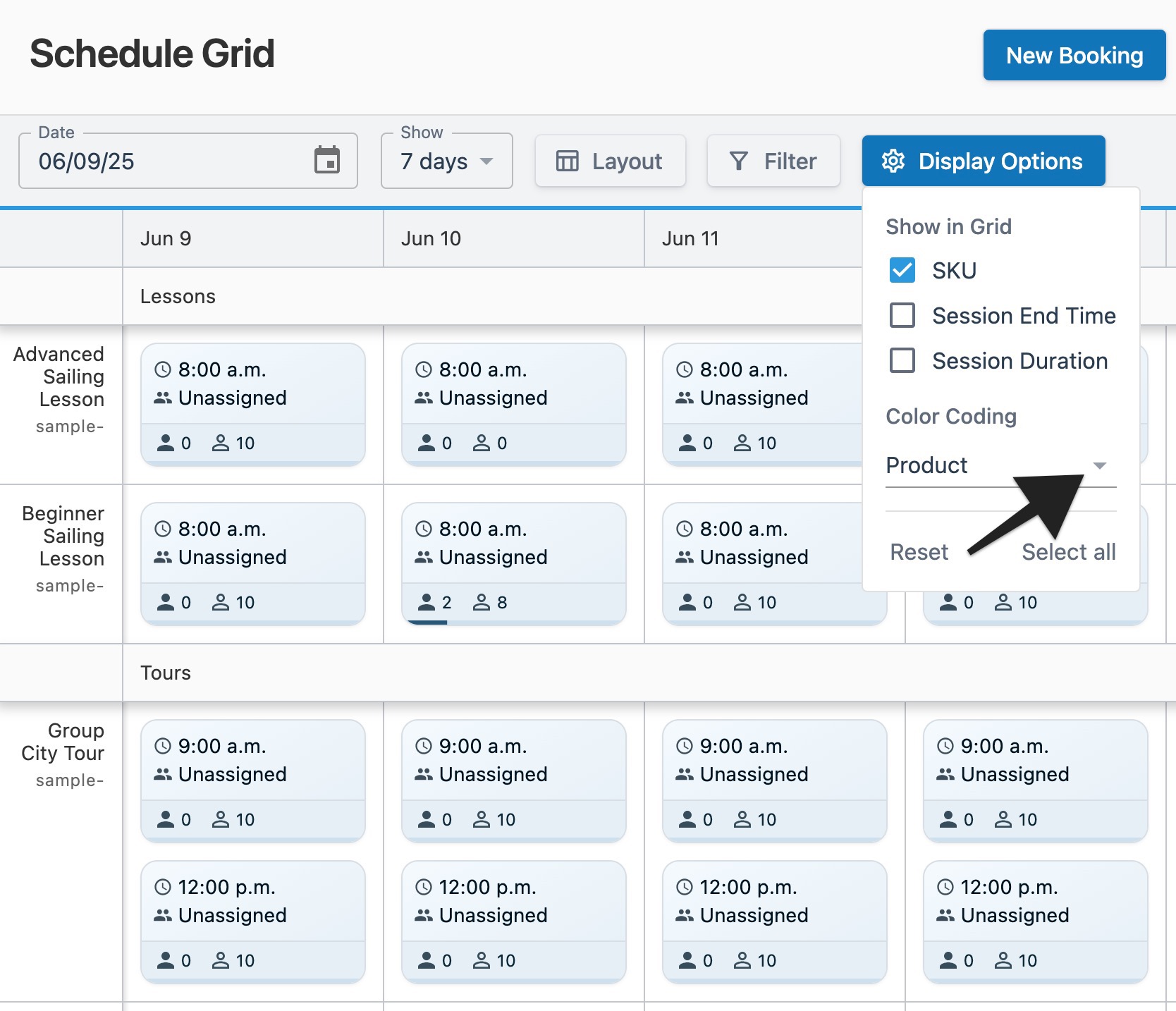 Schedule grid page with an arrow pointing to the ‘Color Coding’ nested menu within the open ‘Display Options’ menu to indicate selection.