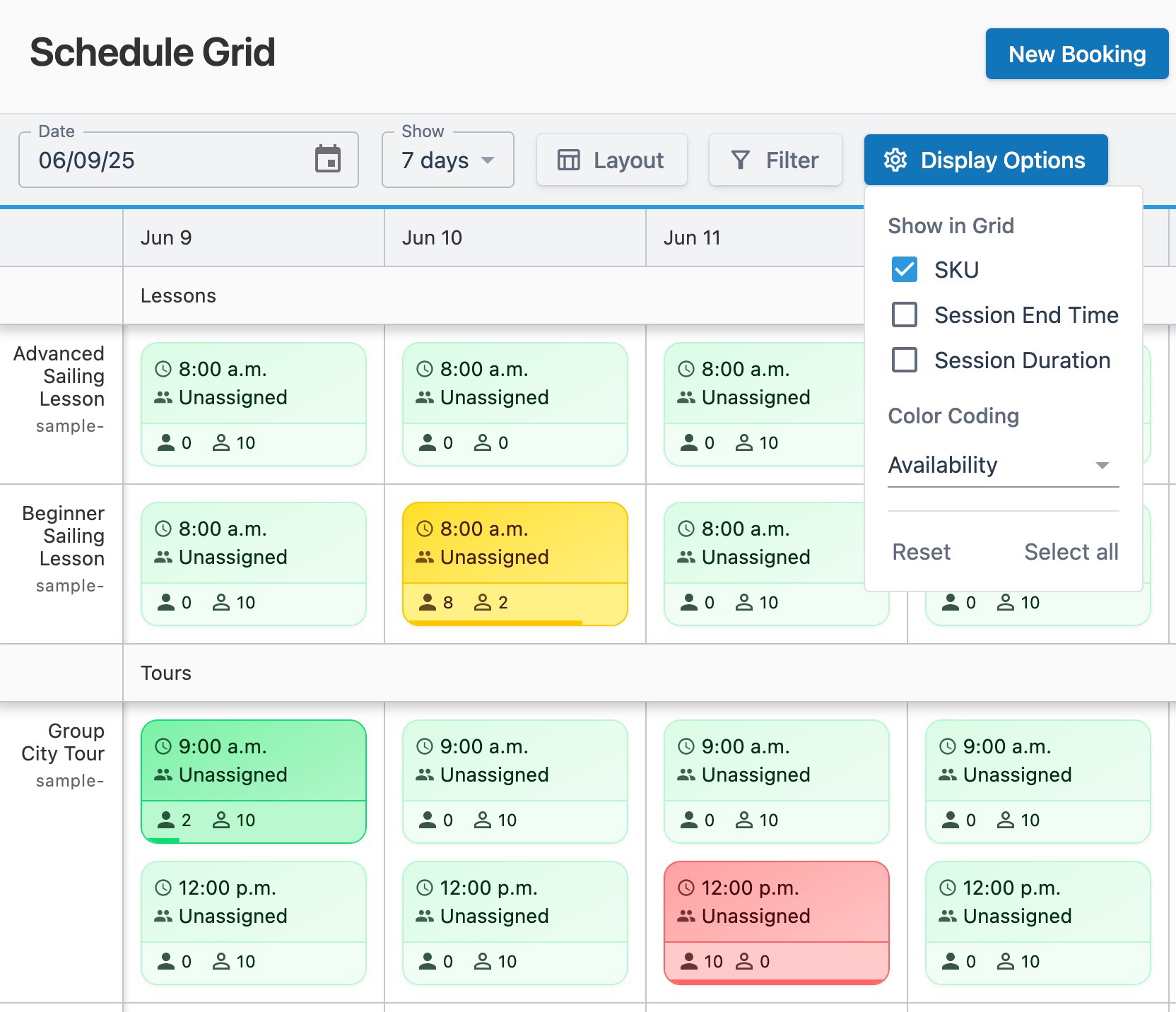 Schedule grid page showing session availability colors and an open ‘Display Options’ menu.