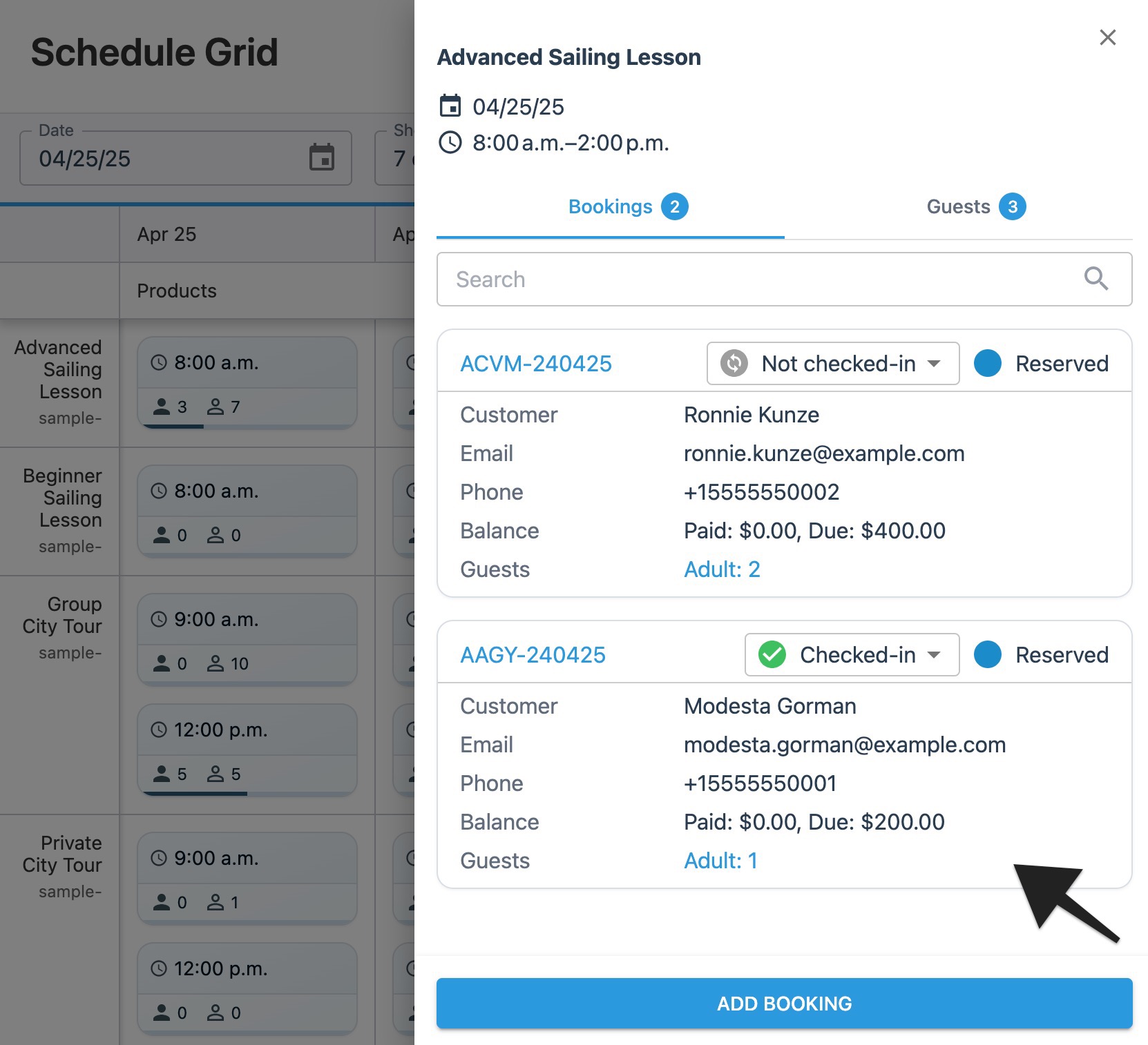 Schedule grid session drawer with annotation highlighting customer details in the ‘Bookings' tab.