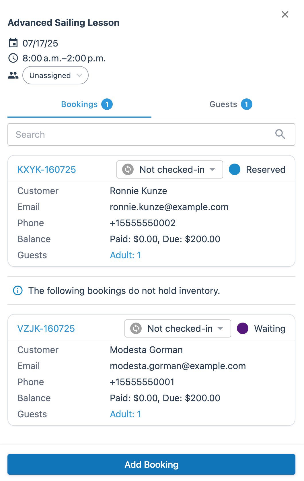 Schedule grid drawer showing the Bookings tab with one locked and one unlocked bookings.