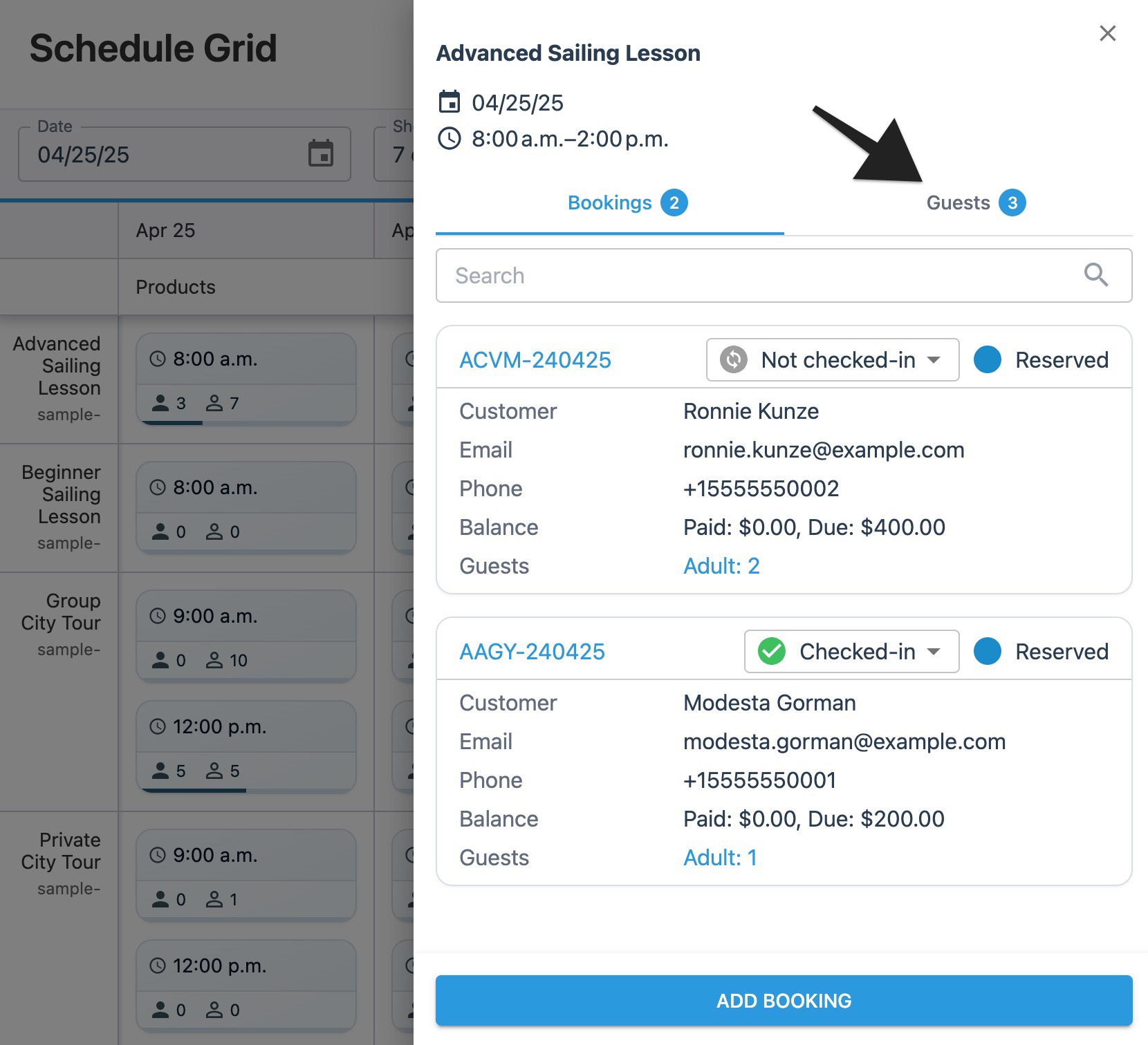 Schedule grid session drawer with annotation highlighting ‘Guests’ tab.