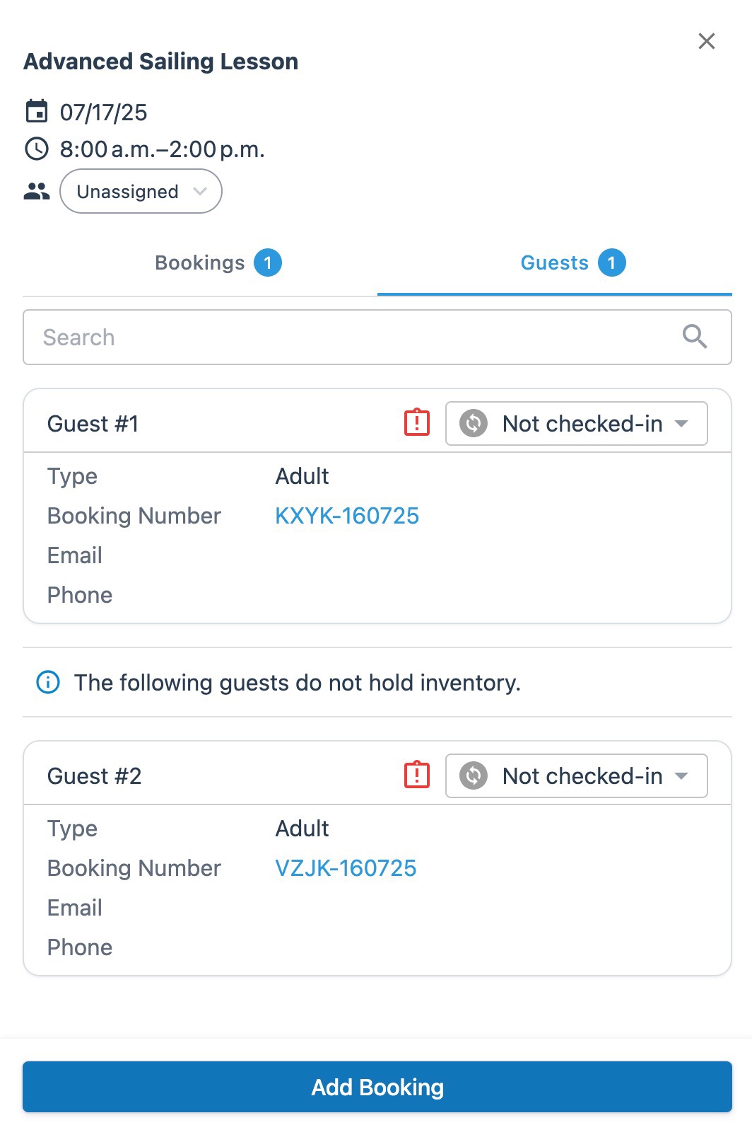 Schedule grid drawer showing the Guests tab with one locked and one unlocked bookings.