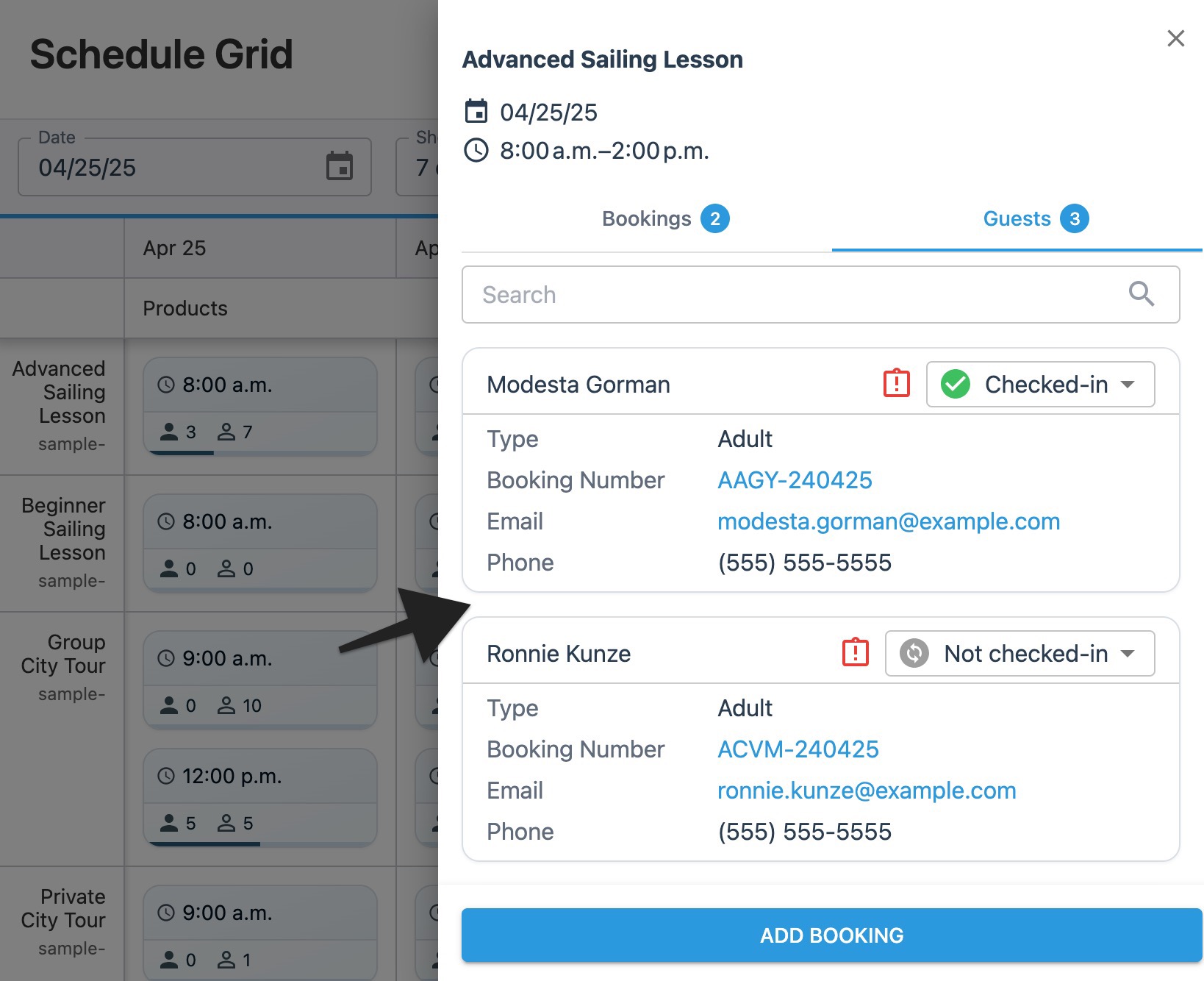Schedule grid session drawer with annotation highlighting guest details in the ‘Guests' tab.