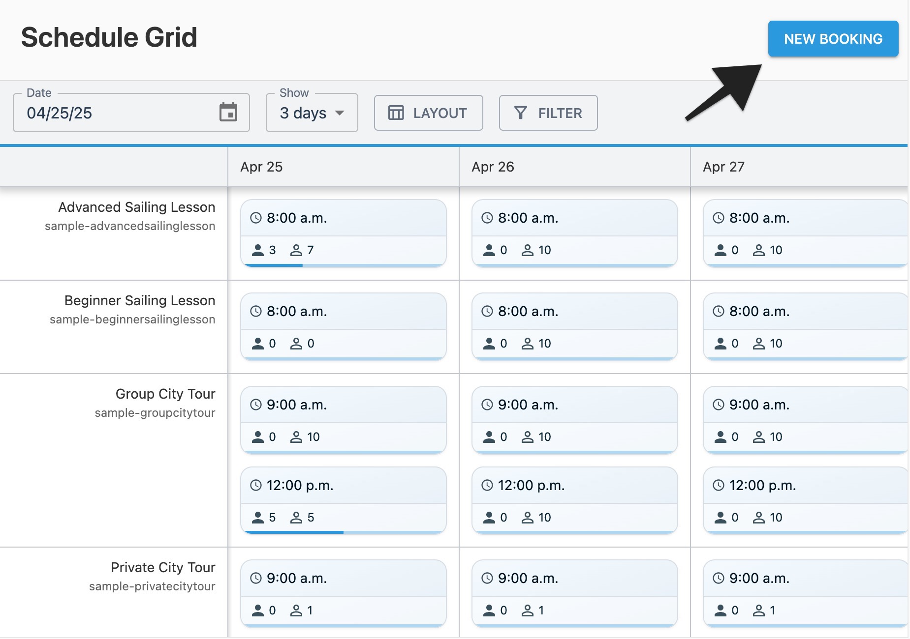 Schedule grid page with annotation highlighting ‘New Booking' button.