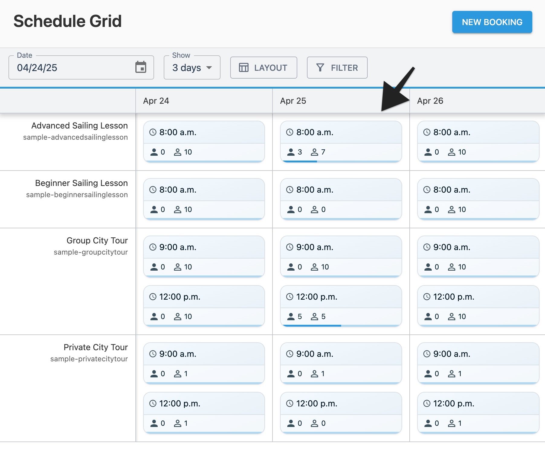 Schedule grid page with annotation highlighting choosing a session tile.