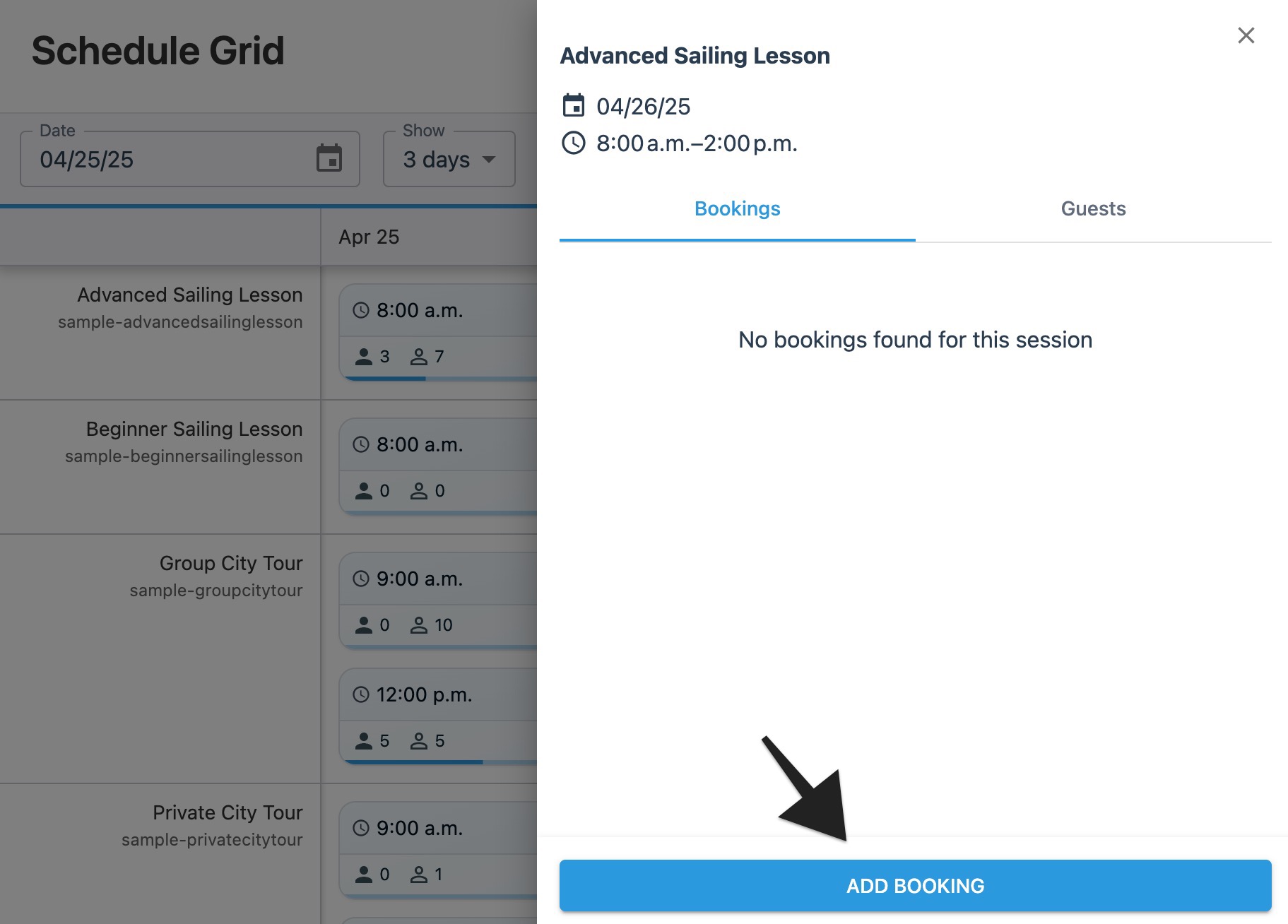 Schedule grid session drawer with annotation highlighting ‘Add Booking' button.
