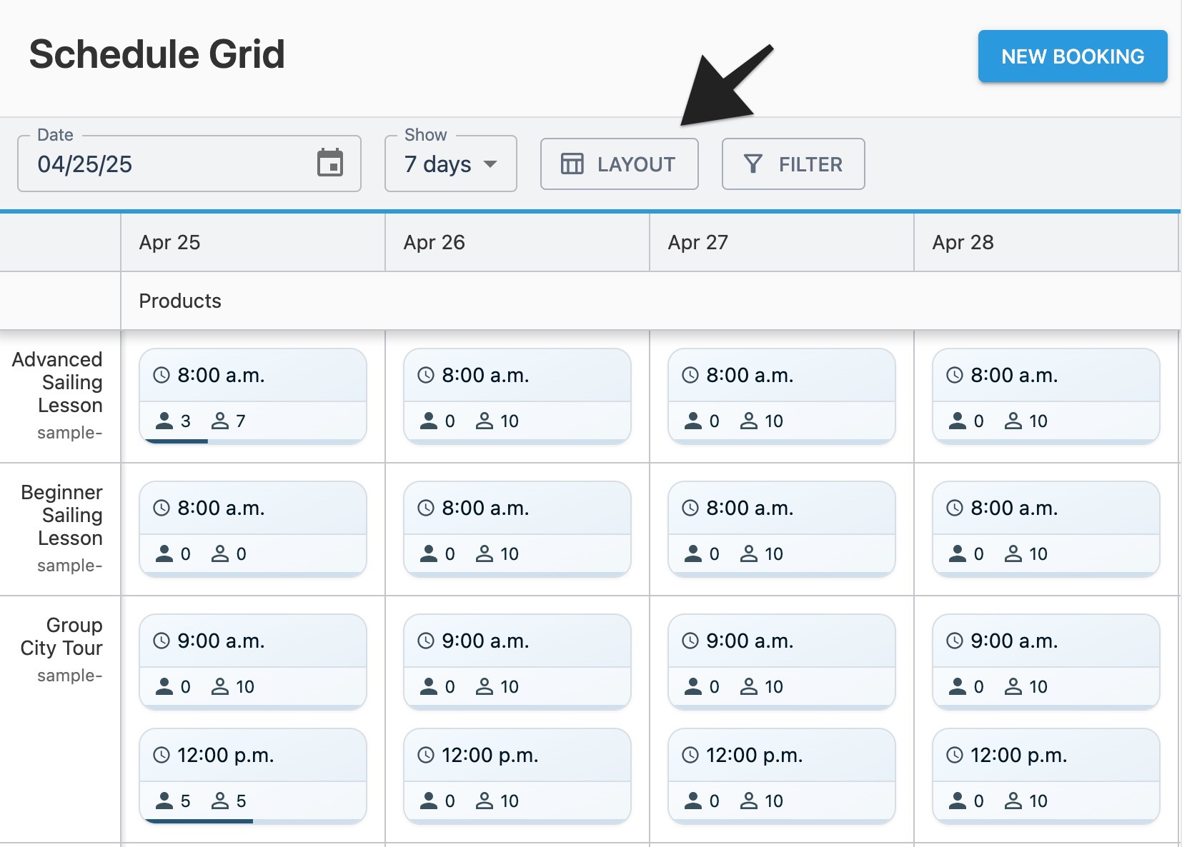 Schedule grid page with annotation highlighting ‘Layout' button.