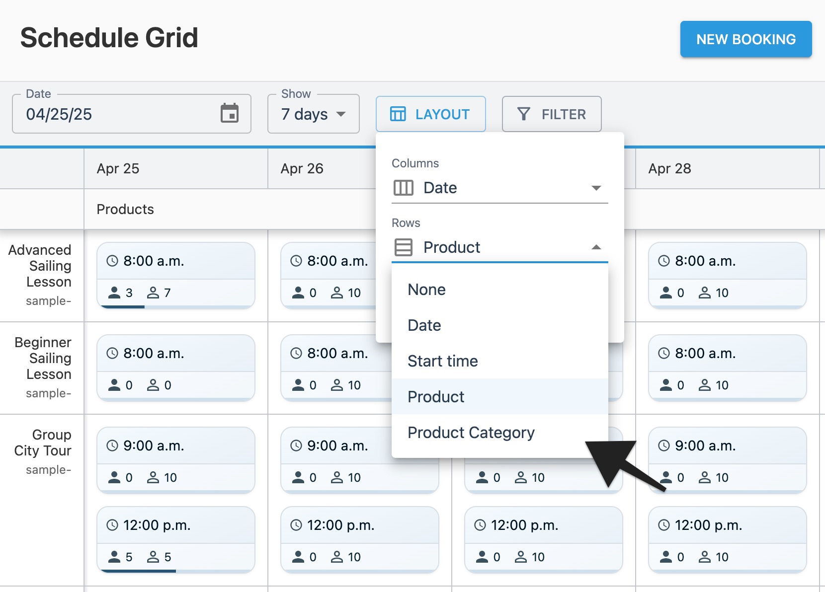 Schedule grid layout window with annotation highlighting ‘Rows’ menu.
