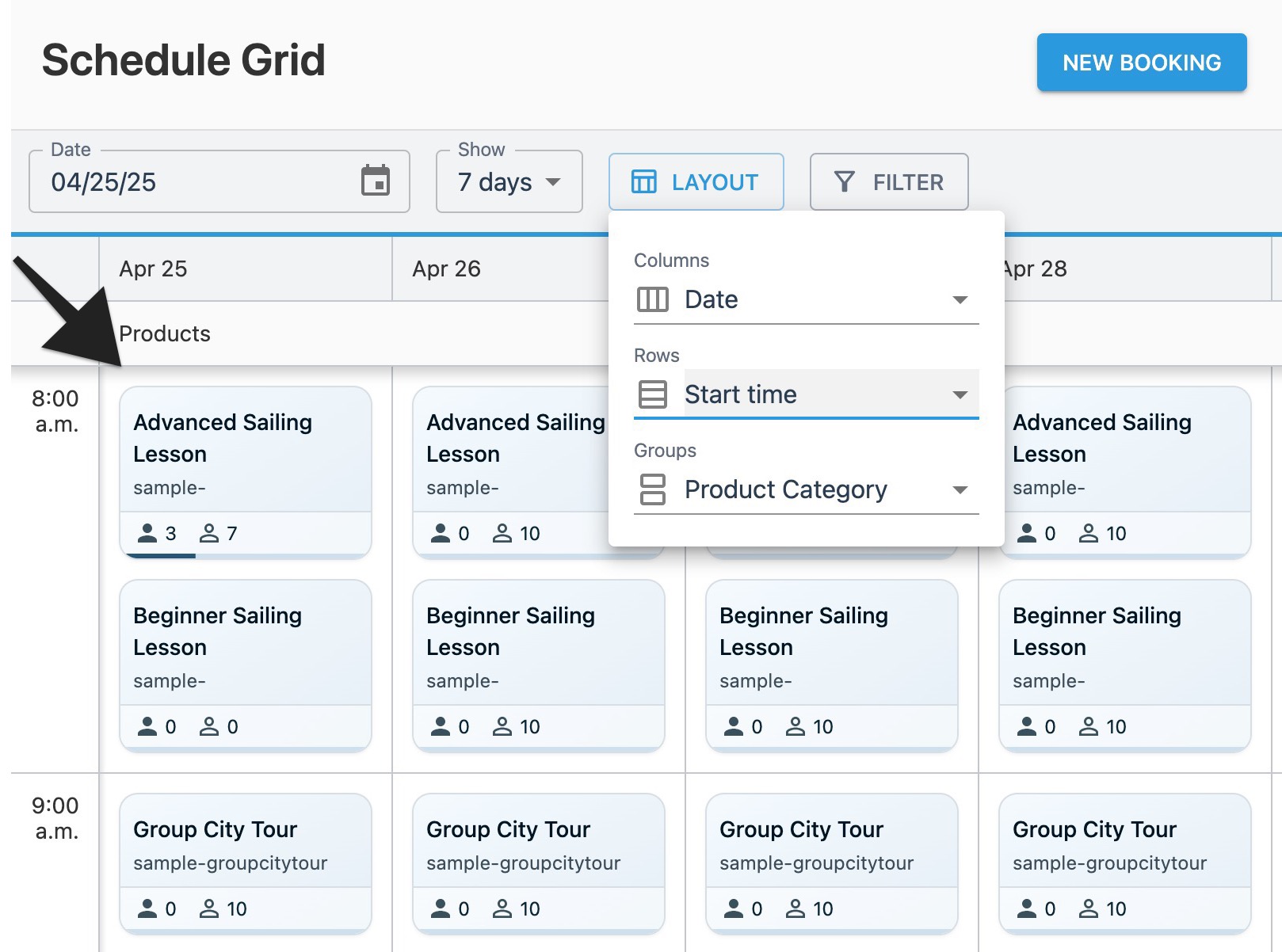 Schedule grid area showing ‘Rows’ selection results.