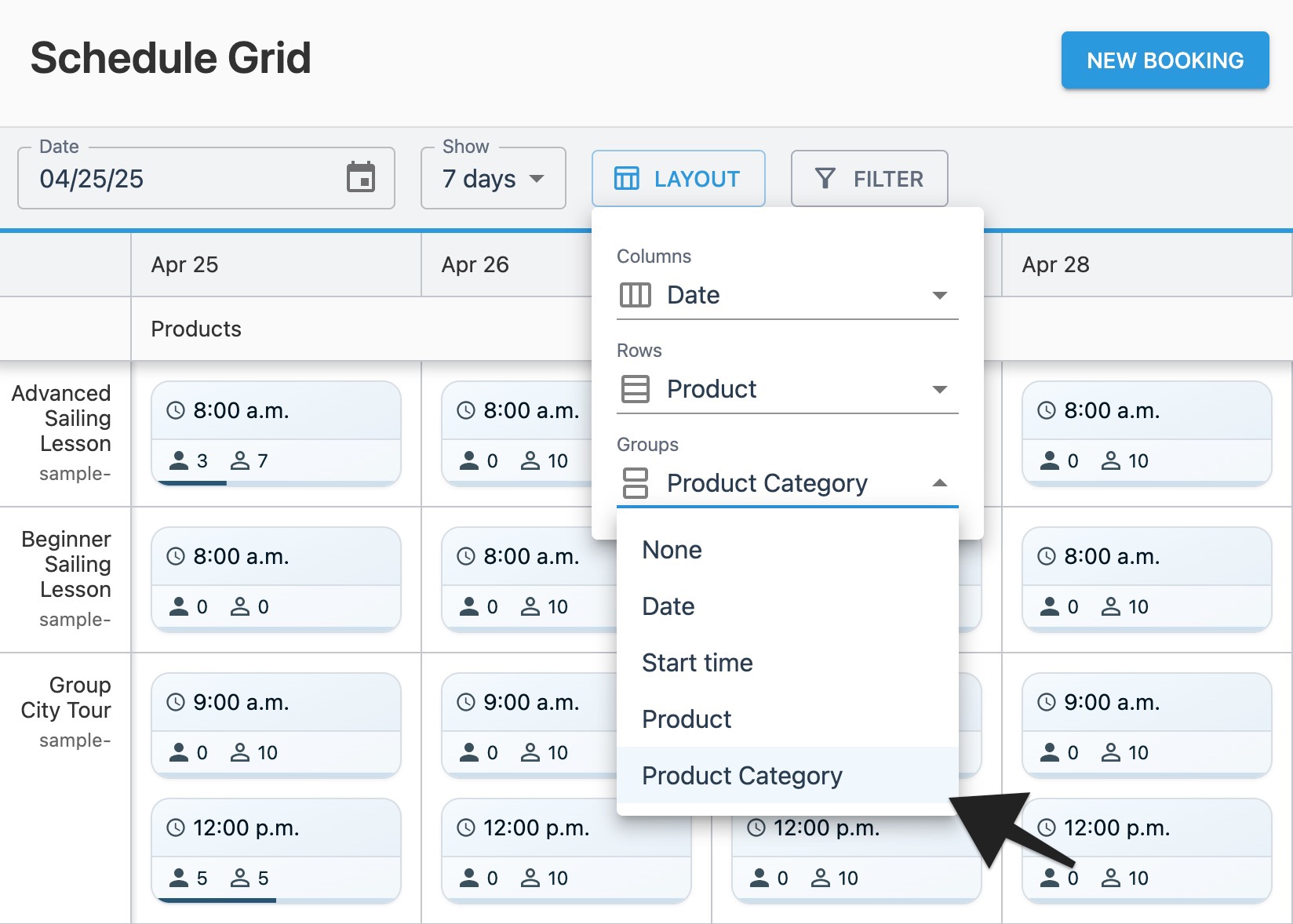 Schedule grid layout window with annotation highlighting ‘Groups’ menu.