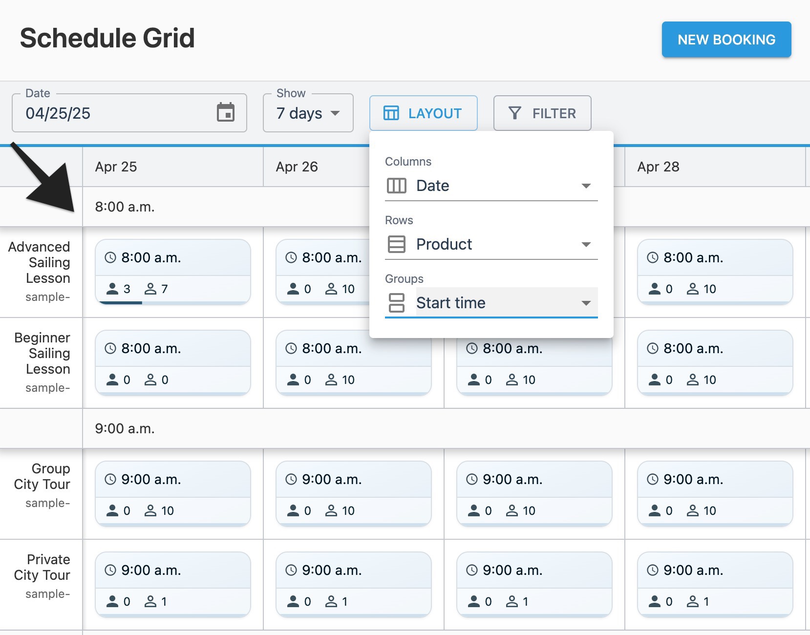 Schedule grid area showing ‘Groups’ selection results.
