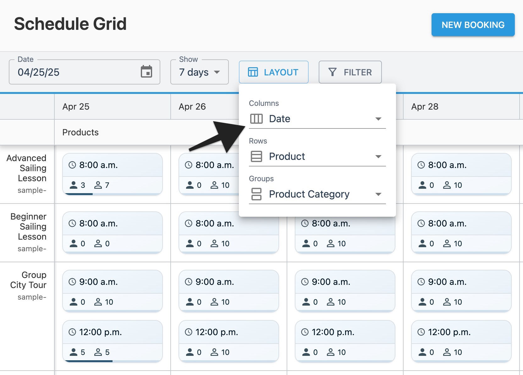 Schedule grid layout window with annotation highlighting ‘Columns’ option.
