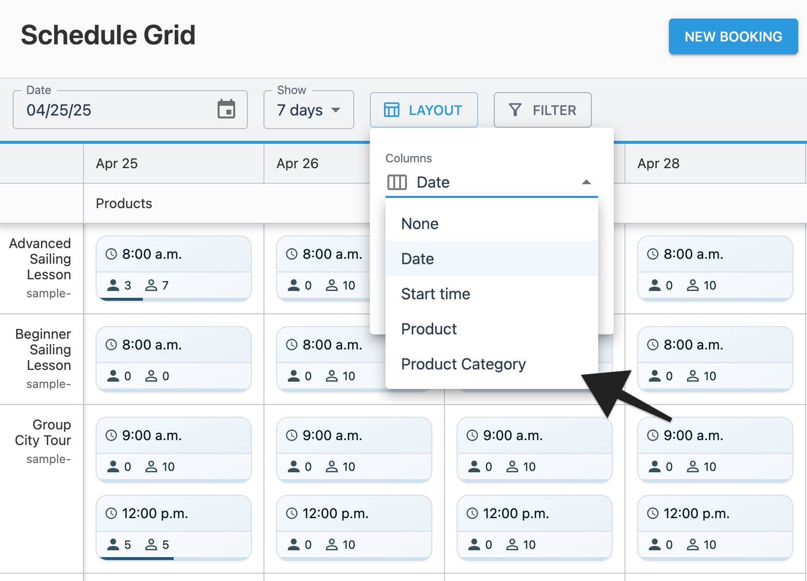 Schedule grid layout window with annotation highlighting ‘Columns’ menu.
