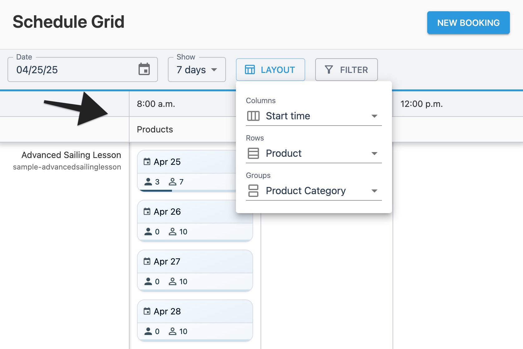 Schedule grid area showing ‘Layout’ selection results.