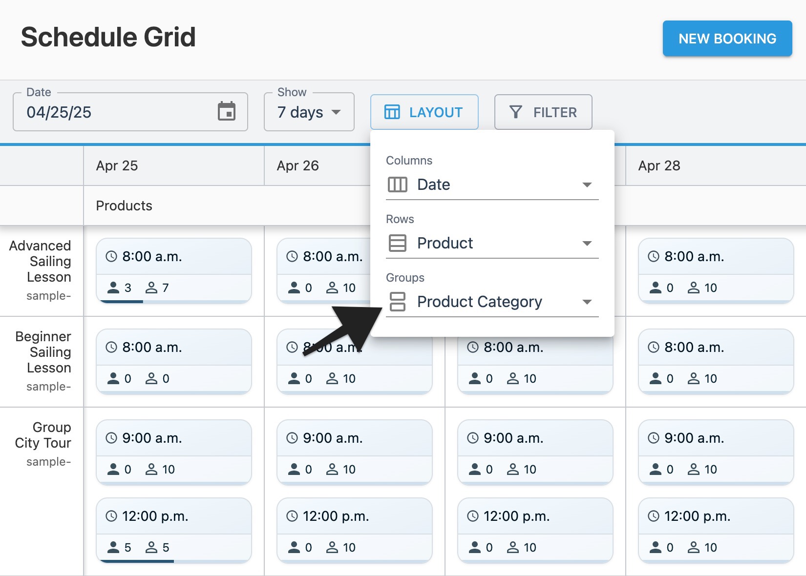 Schedule grid layout window with annotation highlighting ‘Groups’ option.