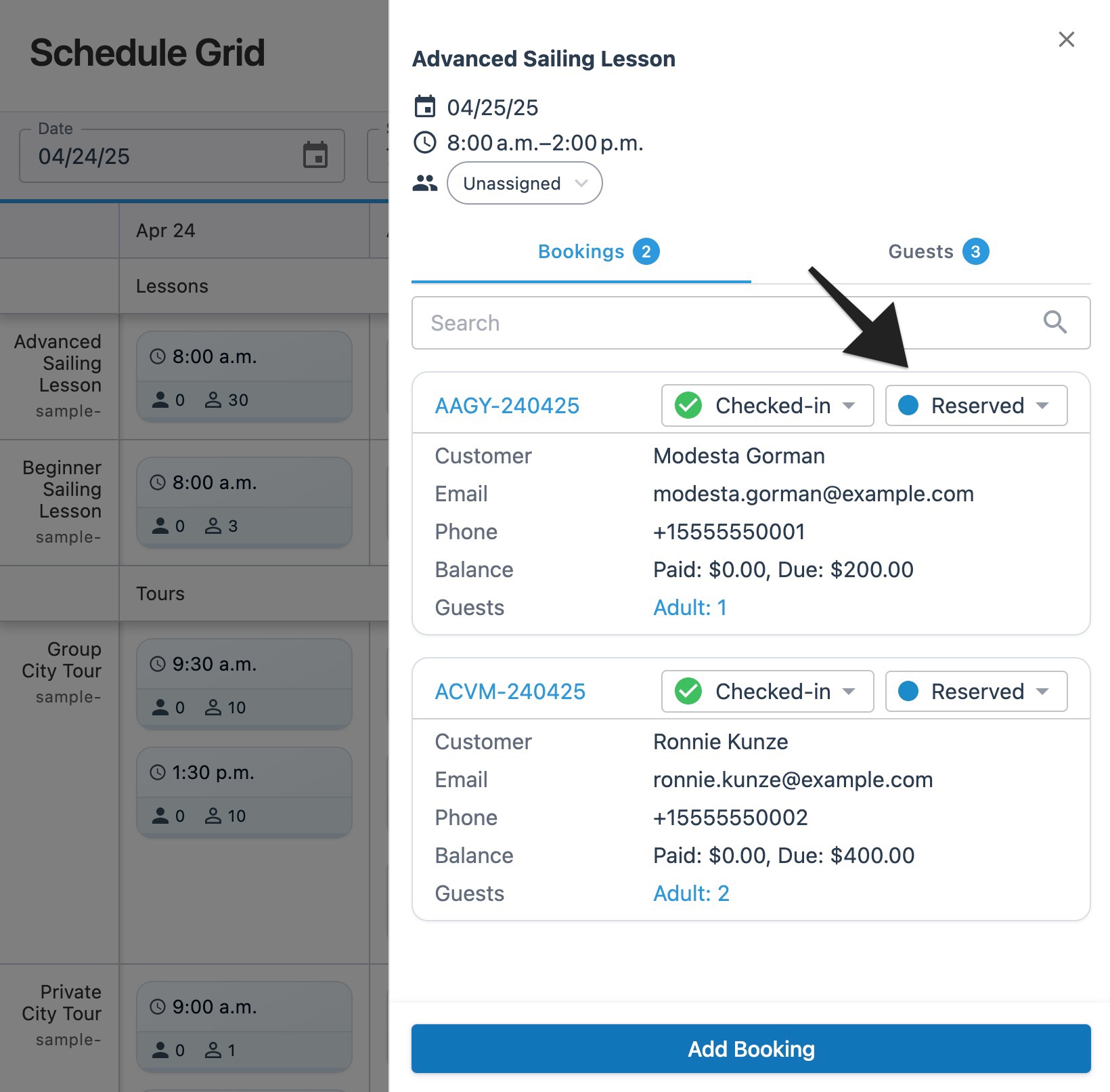 Open session drawer in the schedule grid with an arrow highlighting the status menu button to indicate selection.