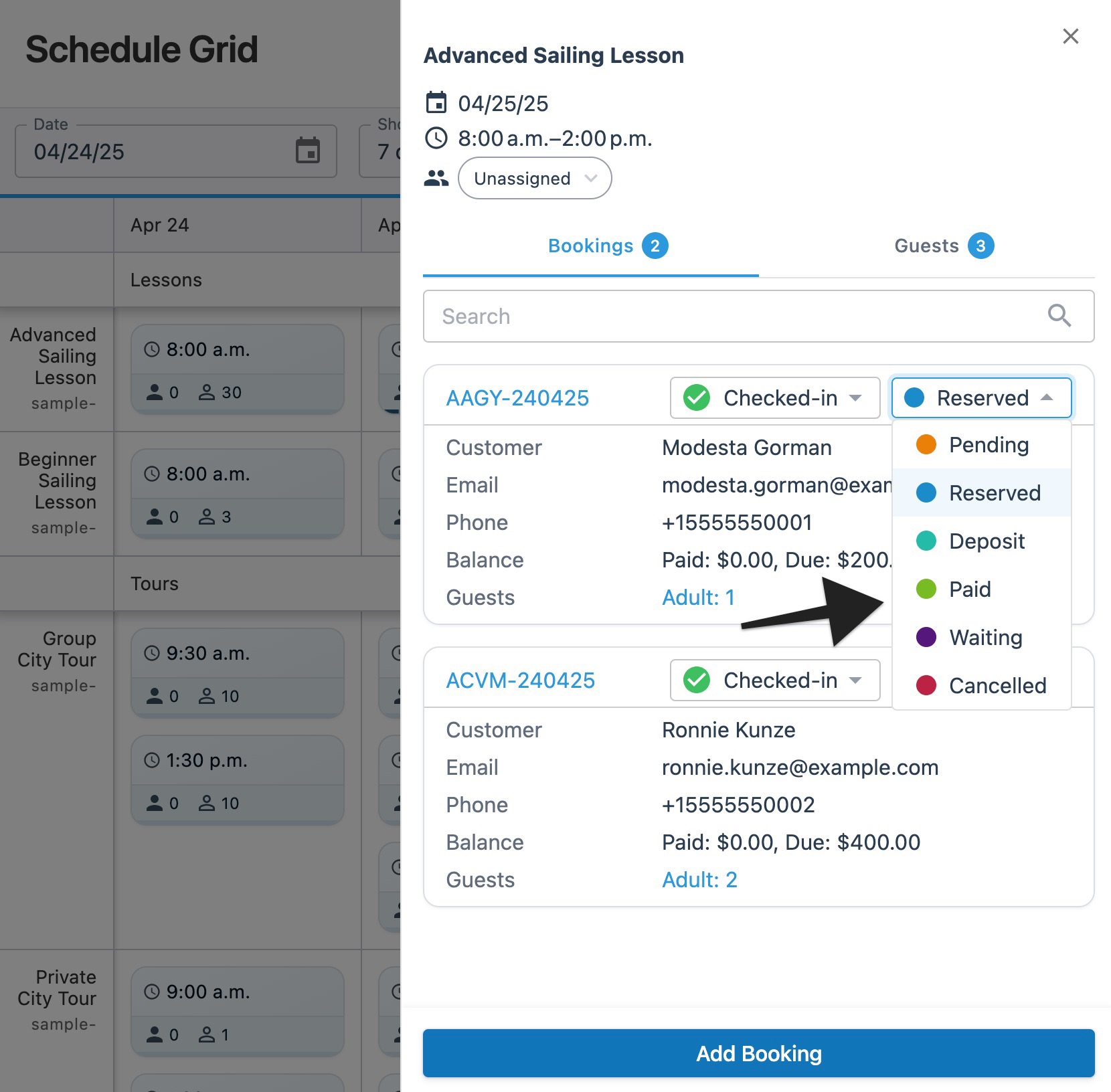 Open session drawer in the schedule grid with an arrow pointing to an expanded status menu.