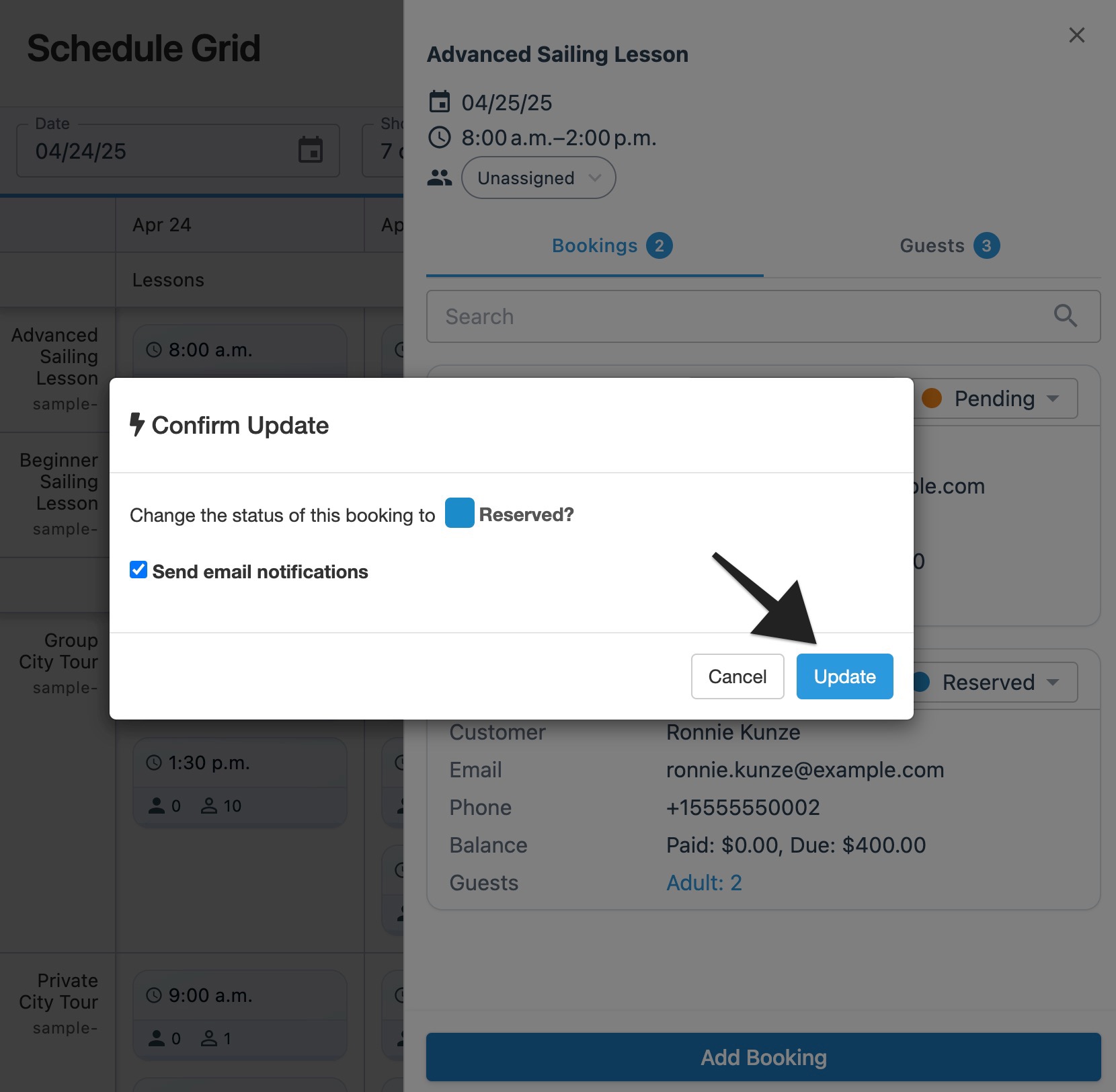Open session drawer in the schedule grid with an arrow highlighting the ‘Update’ button to indicate selection.