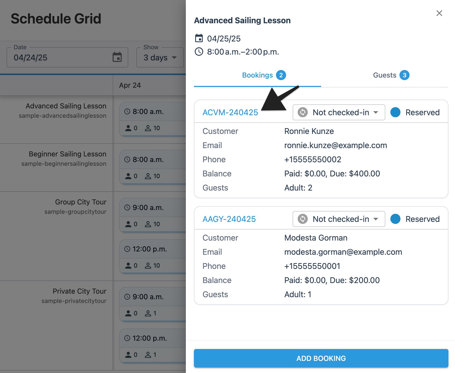 Schedule grid session drawer with annotation highlighting a booking ID hyperlink.