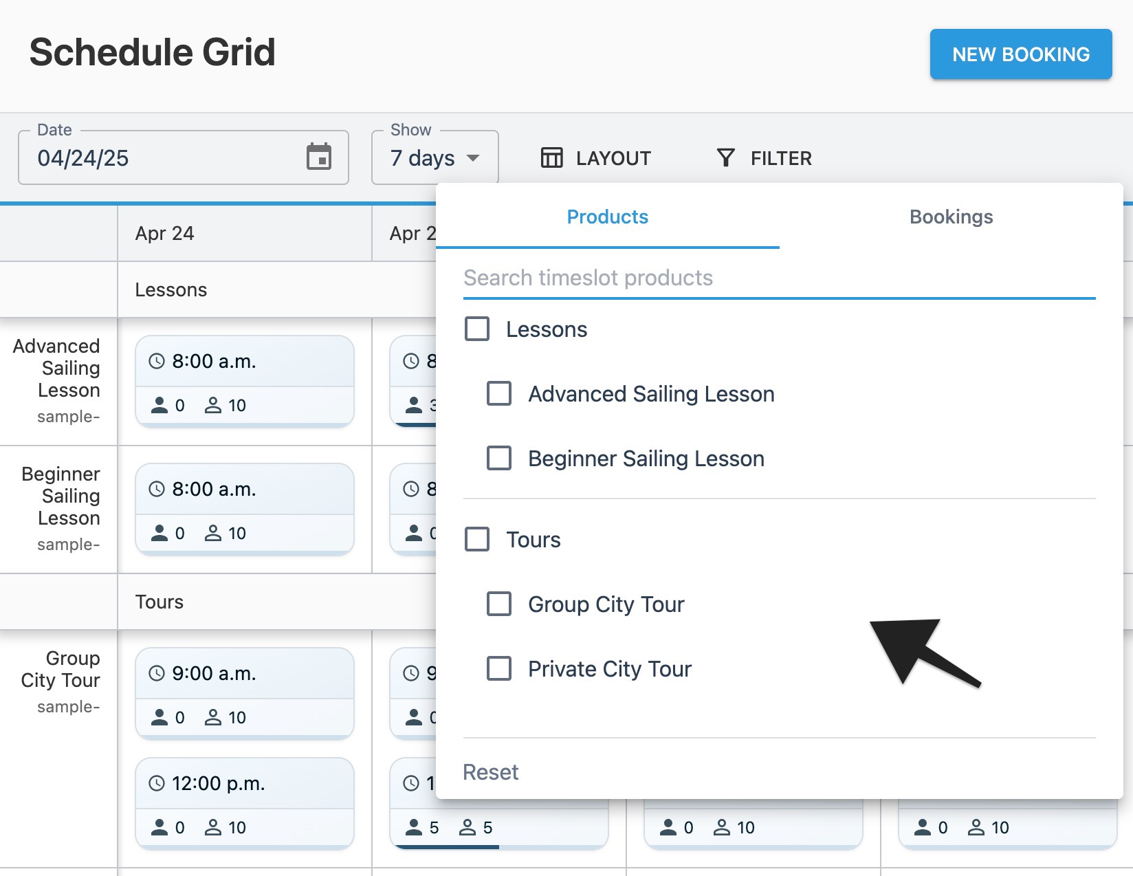 Schedule grid filter window with annotation highlighting ‘Products' area.