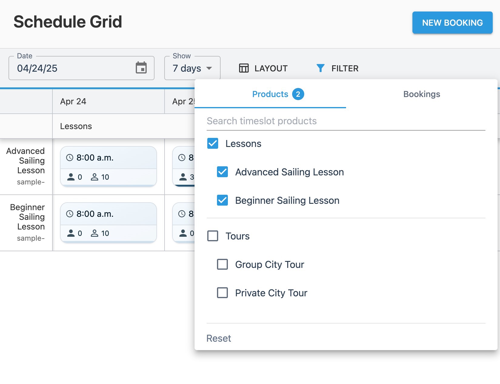 Schedule grid filter window showing selected options in ‘Products’ area.