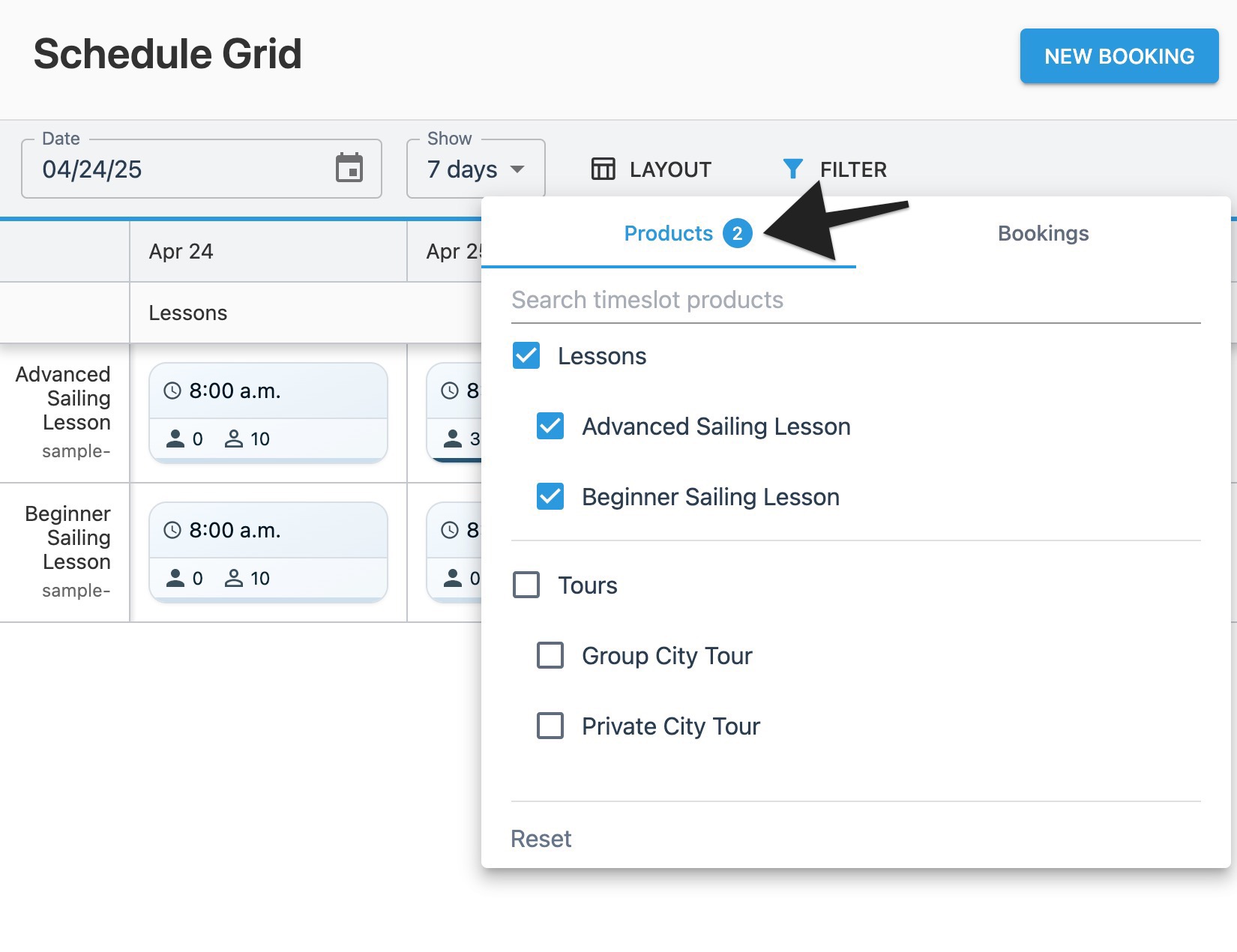 Schedule grid filter window with annotation highlighting counter beside ‘Products' tab.
