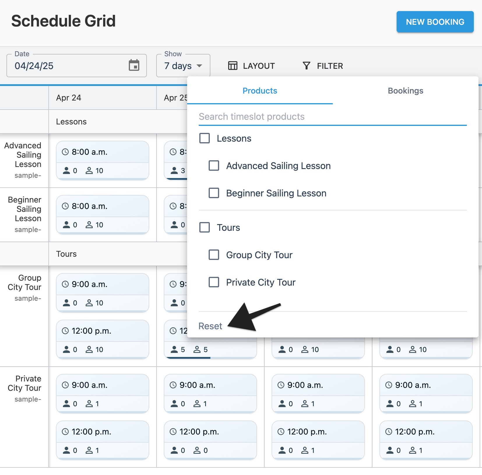 Schedule grid filter window with annotation highlighting ‘Reset’ button in the ‘Products' tab.