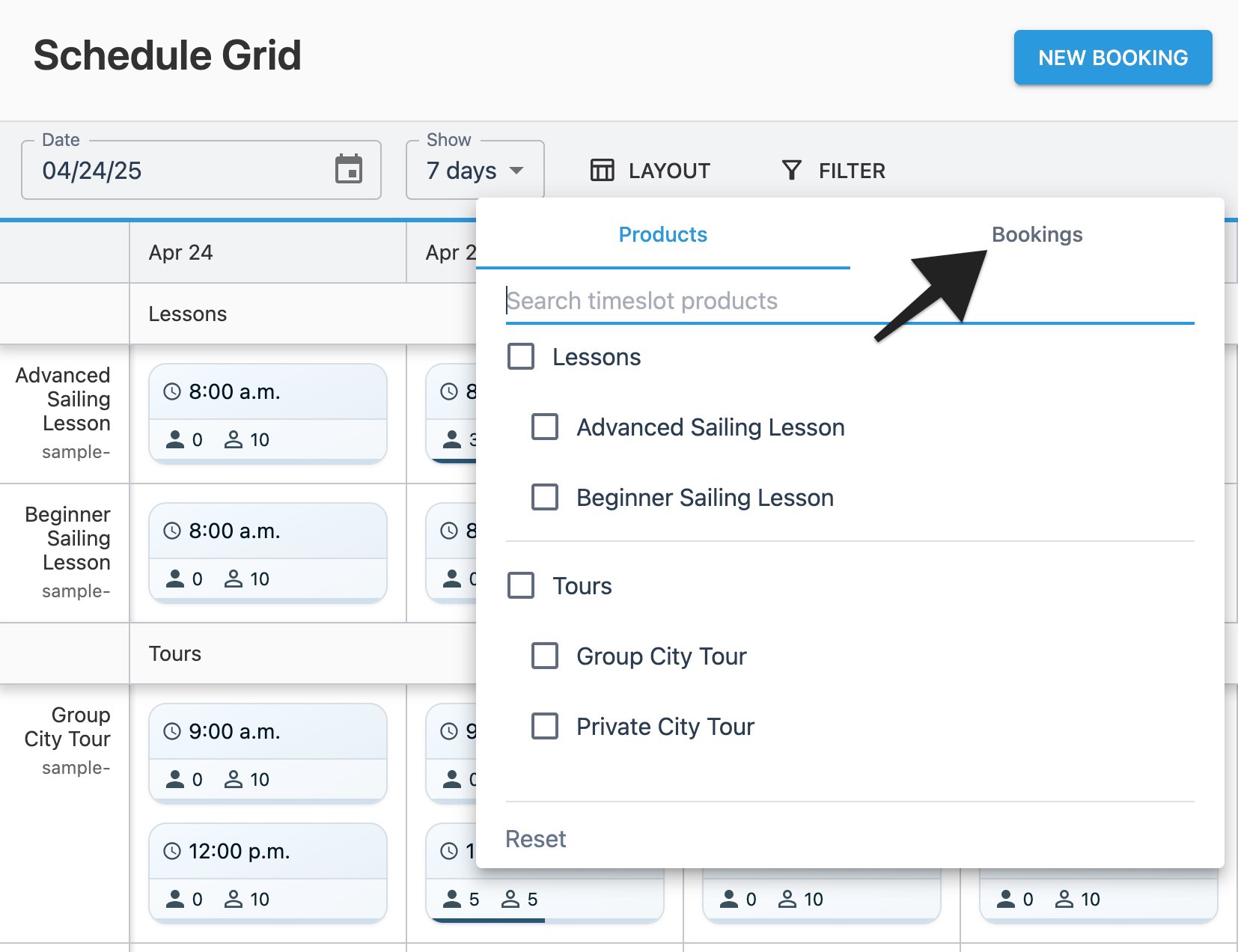 Schedule grid filter window with annotation highlighting ‘Bookings' area.