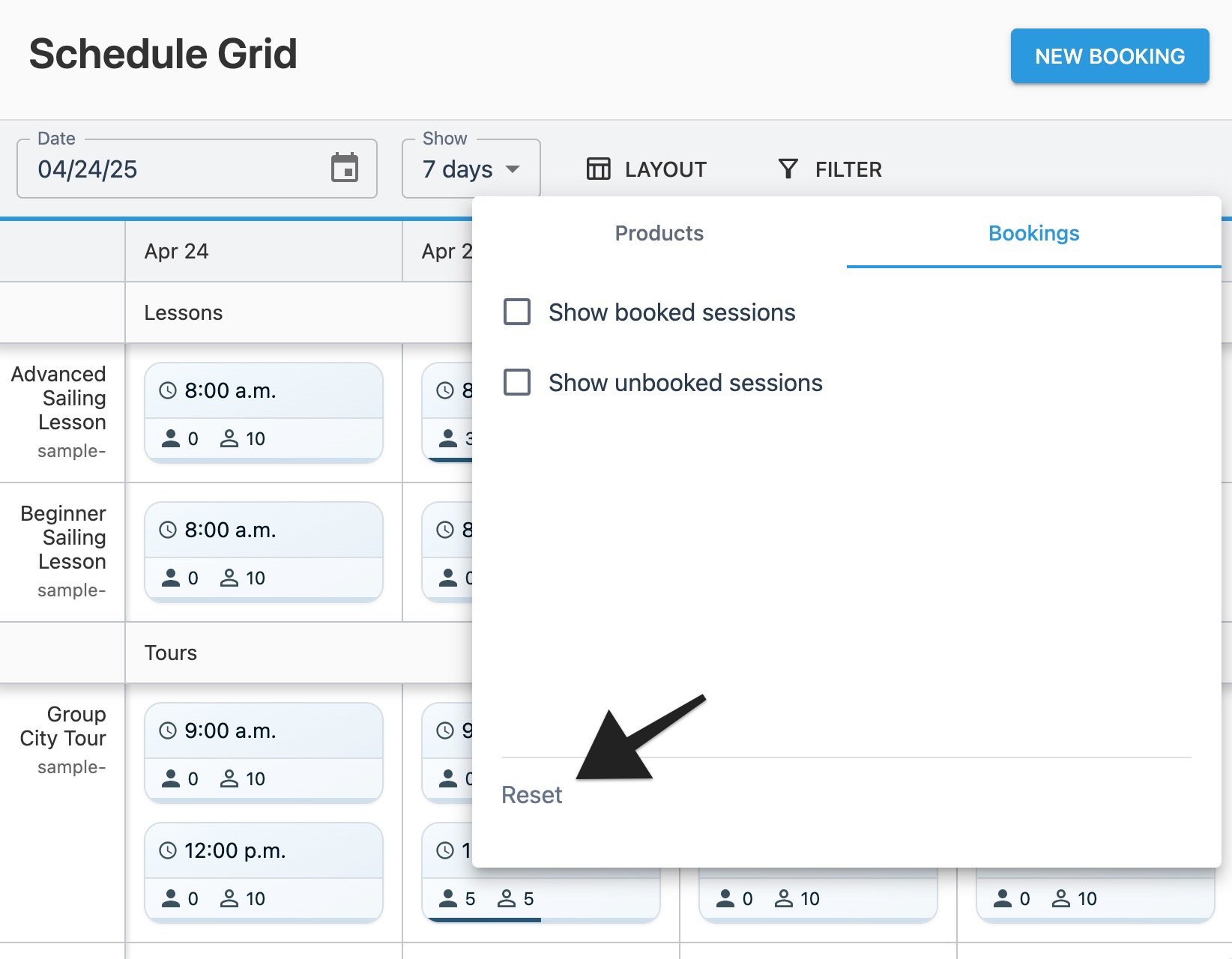 Schedule grid filter window with annotation highlighting ‘Reset’ button in the ‘Bookings' tab.