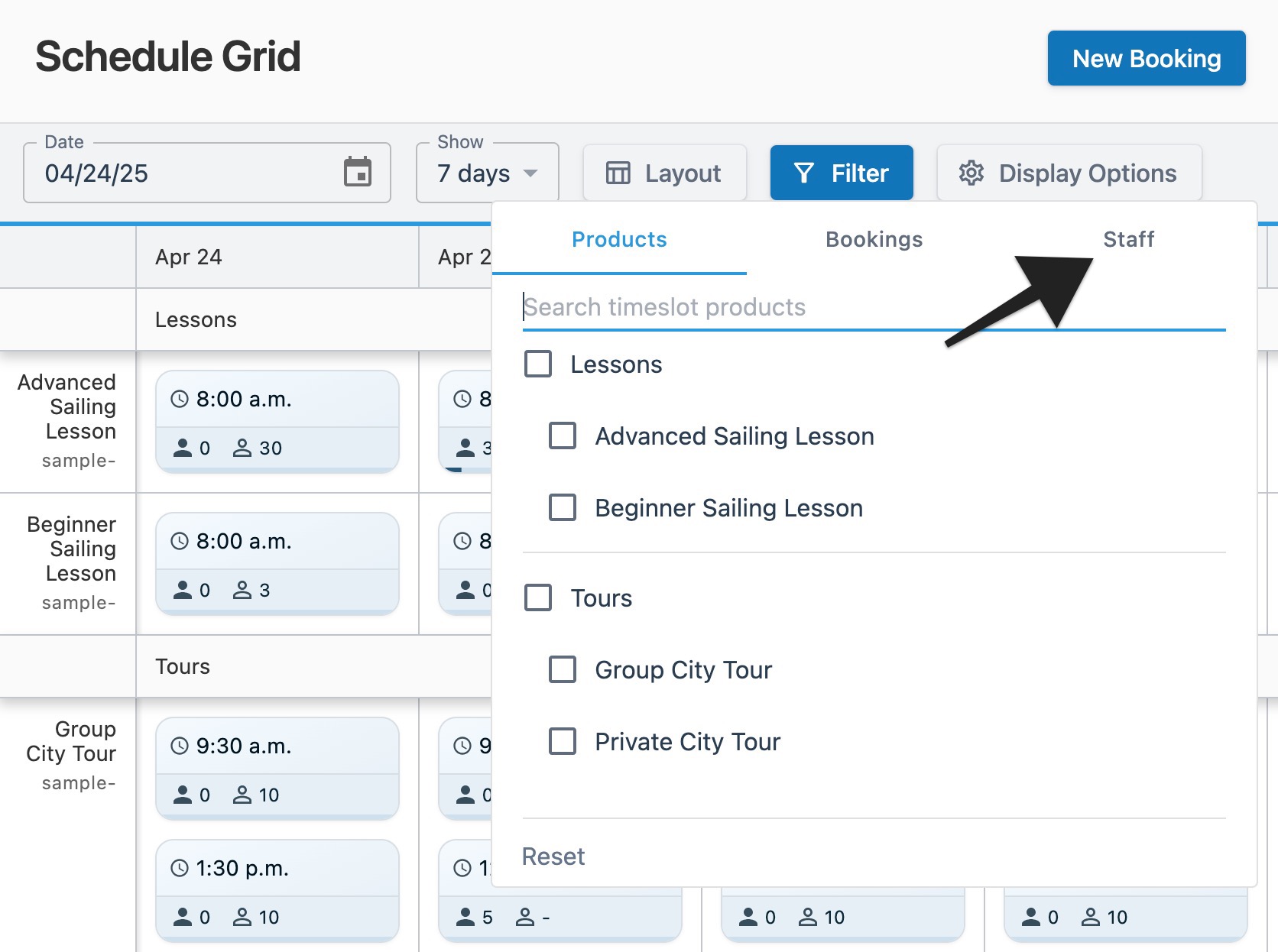 Schedule grid page with the Filter window open and an arrow highlighting the ‘Staff’ tab to indicate selection.