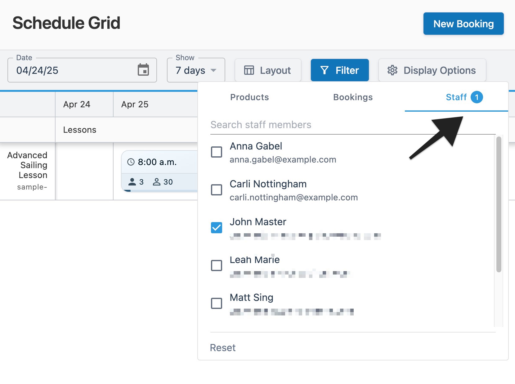 Schedule grid page with the Filter window open and an arrow highlighting the Staff tab active filter counter.