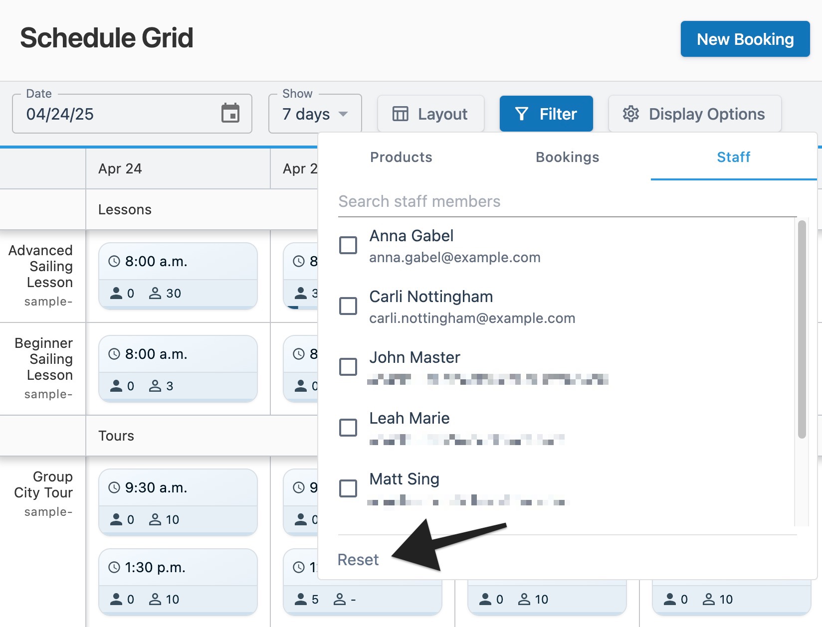 Schedule grid page with the Filter window open and an arrow highlighting the ‘Reset’ button.