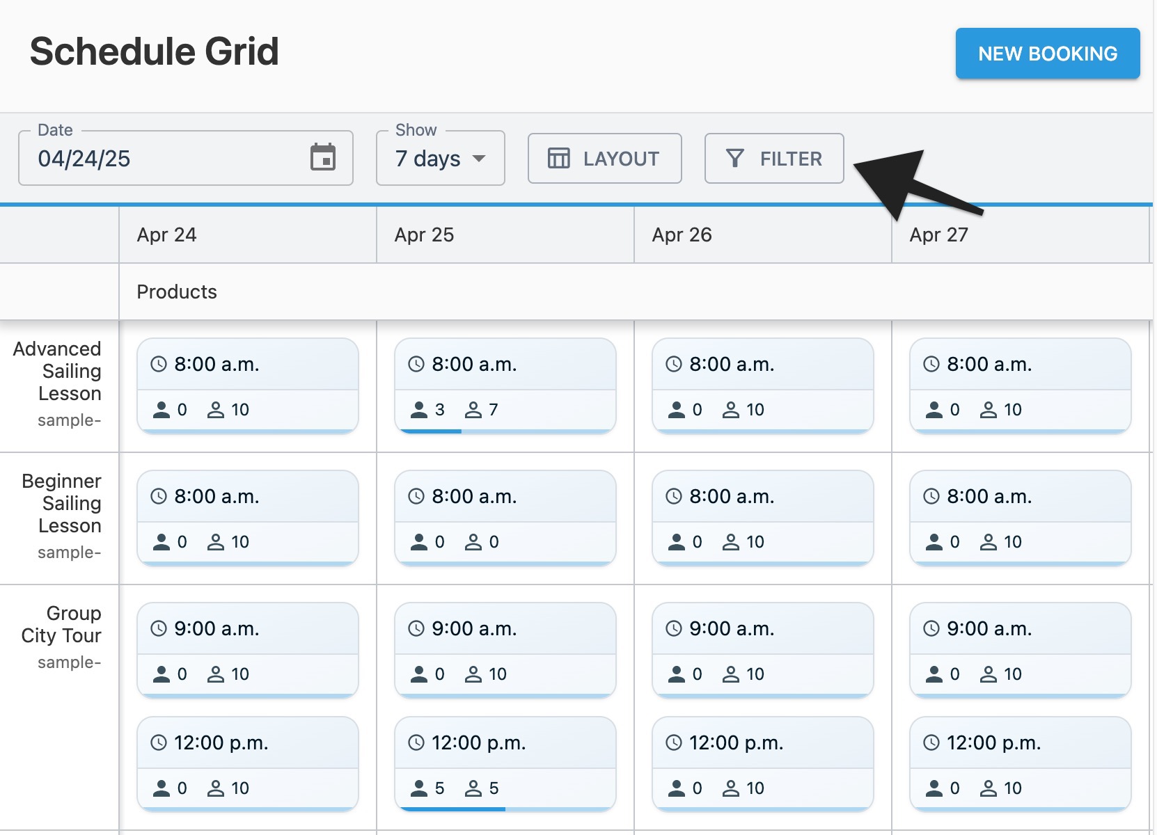 Schedule grid page with annotation highlighting ‘Filters' button.