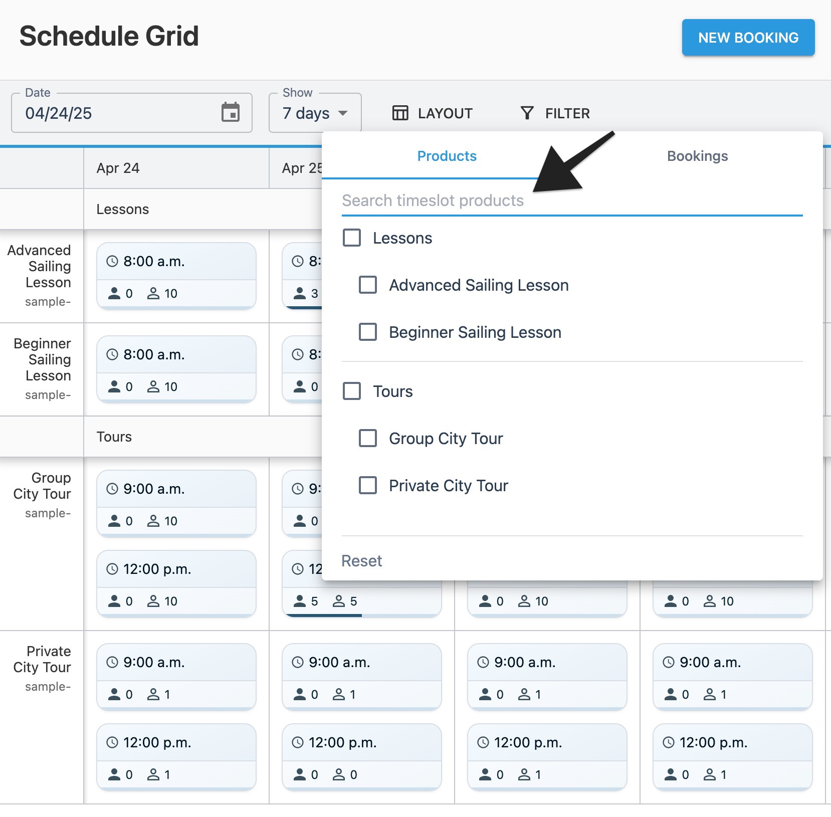 Schedule grid filter window with annotation highlighting the search bar in the ‘Products' tab.