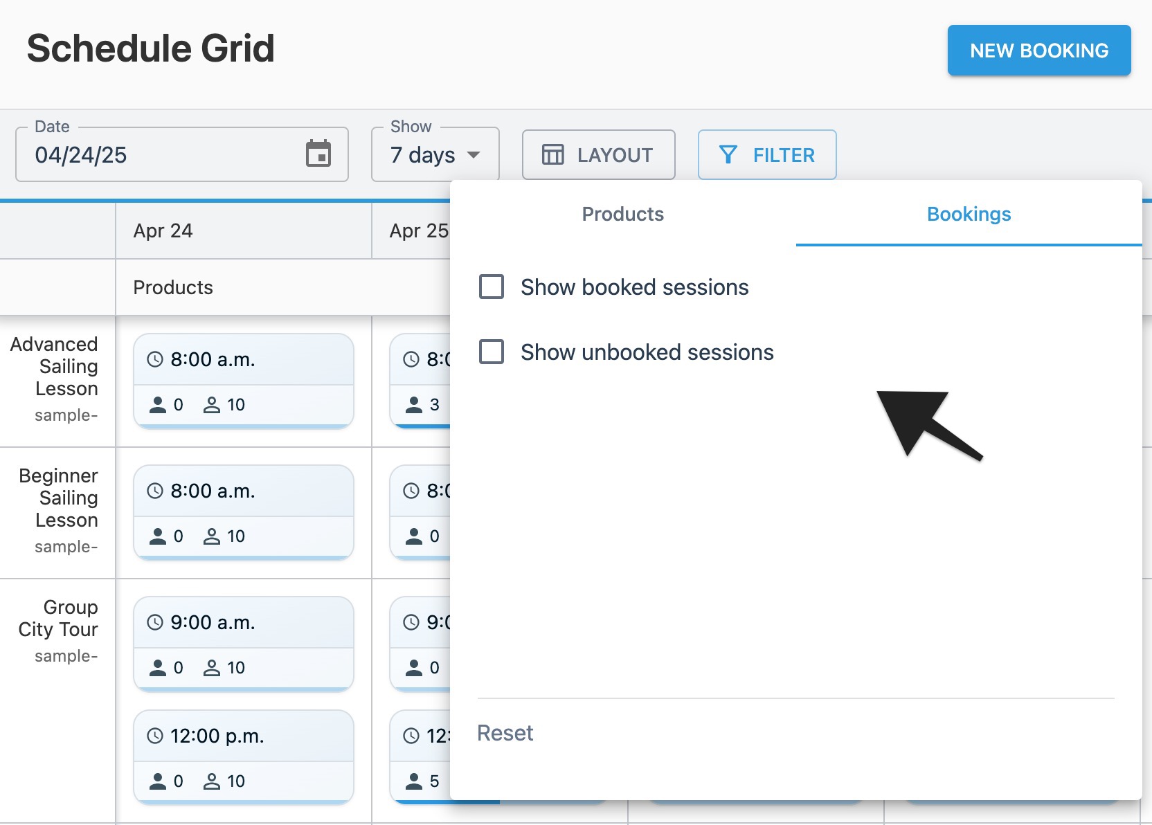 Schedule grid filter window showing selected options in ‘Bookings’ area.