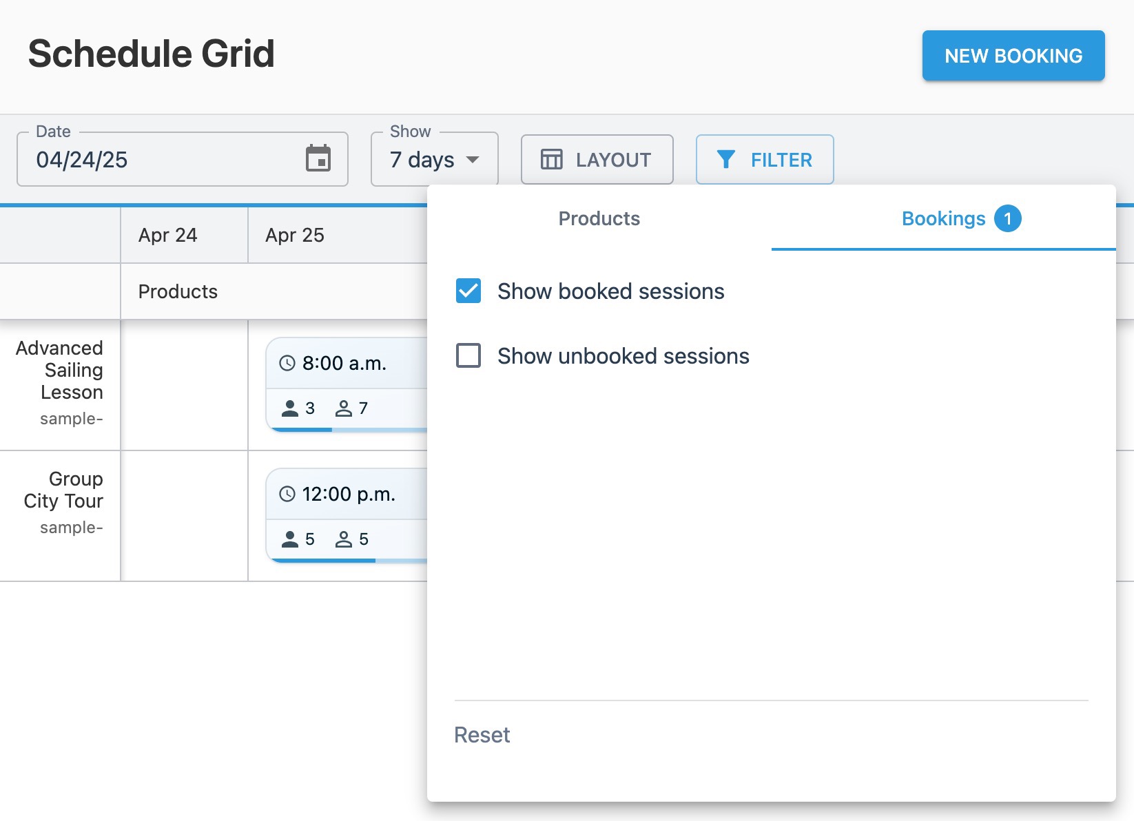 Schedule grid filter window showing results from ‘Show booked sessions’ option in ‘Bookings’ area.