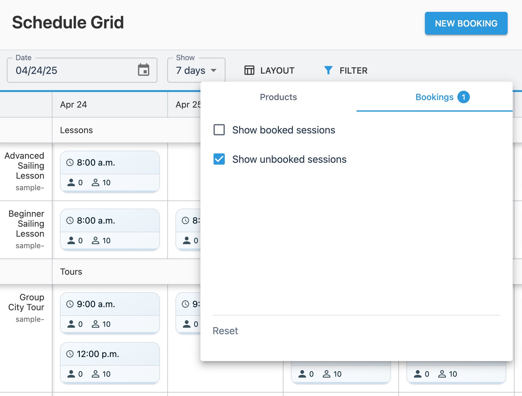 Schedule grid filter window showing results from ‘Show unbooked sessions’ option in ‘Bookings’ area.