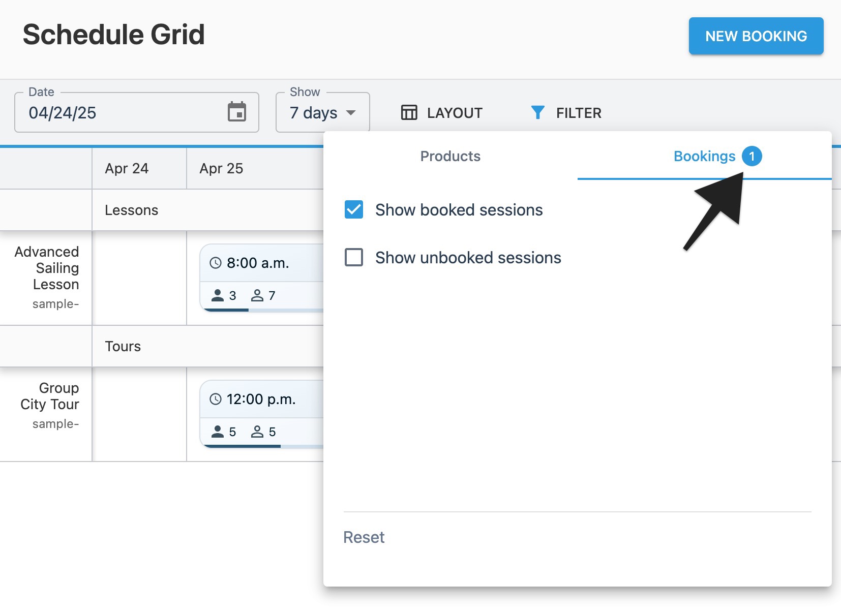 Schedule grid filter window with annotation highlighting counter beside ‘Bookings' tab.